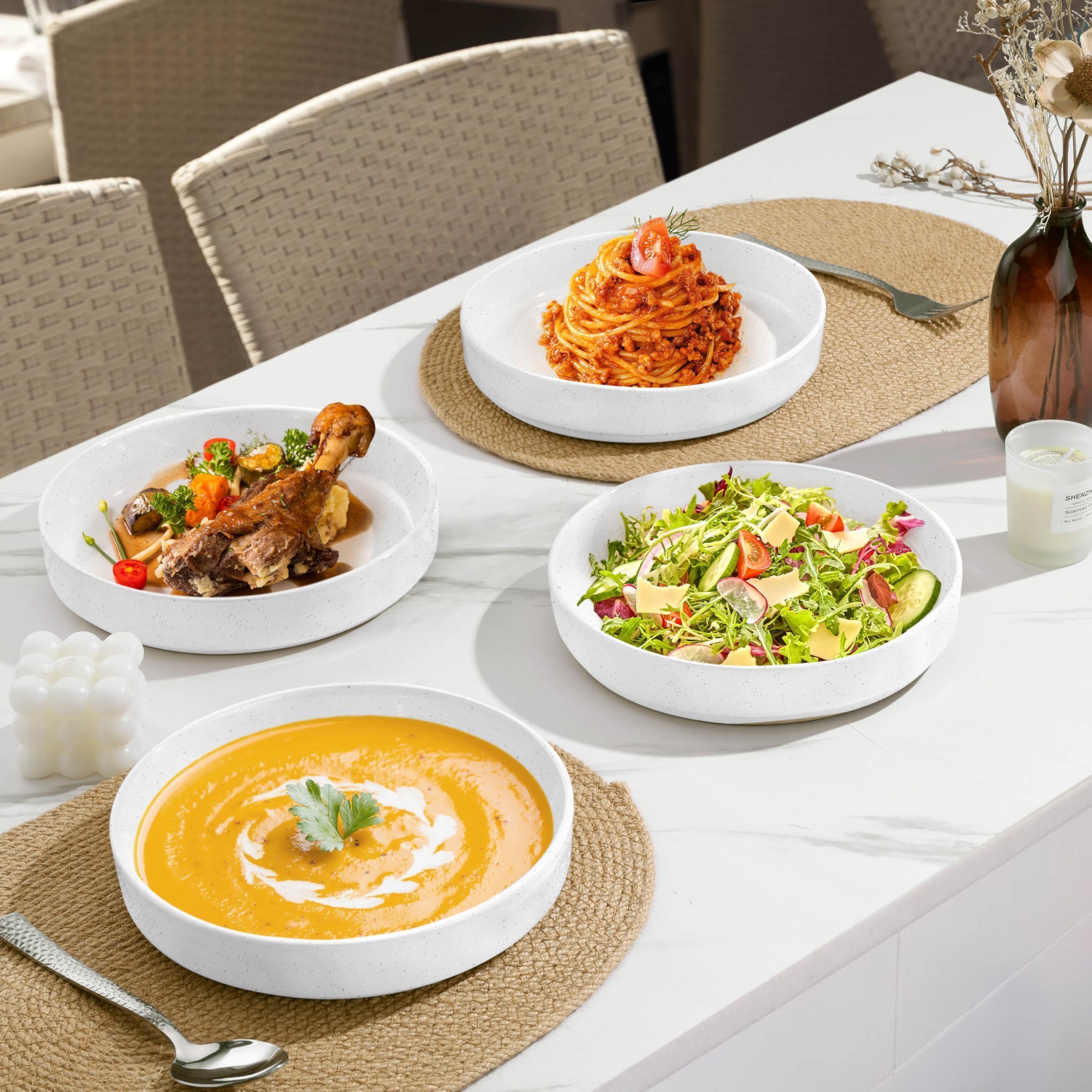 Herogo Pastaschüssel-Set, Steingut, groß, breit, flache Teller und stapelbare Servierschalen aus Keramik, für Salat, Suppe, Müsli, mikrowellen- und spülmaschinenfest, gesprenkelt, 4 Stück