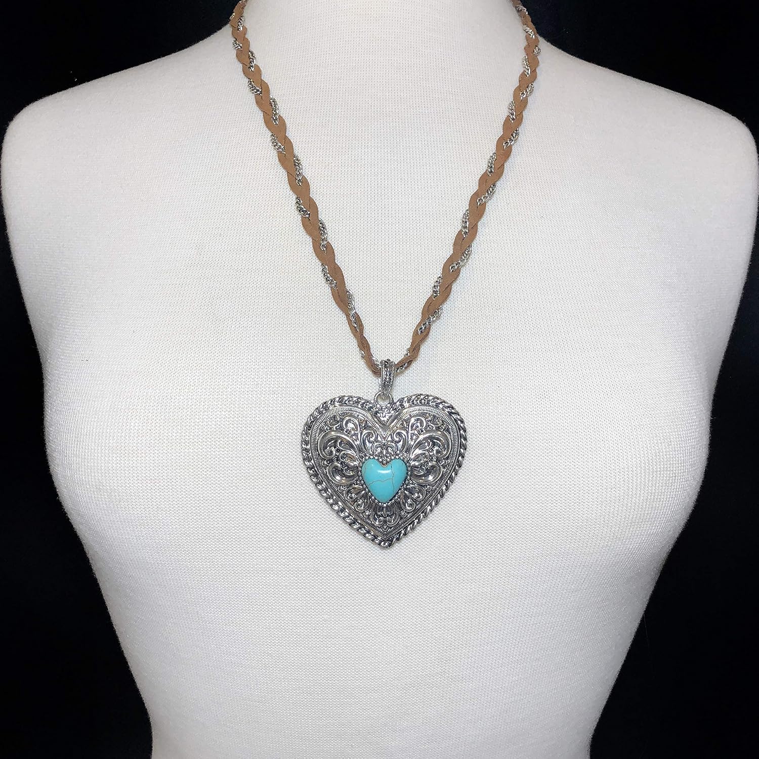 Gypsy Jewels Long Braided Faux Suede & Silver Tone Chain Unique Large Charm Pendant Simulated Turquoise Necklace & Dangle Earrings Set (Heart)
