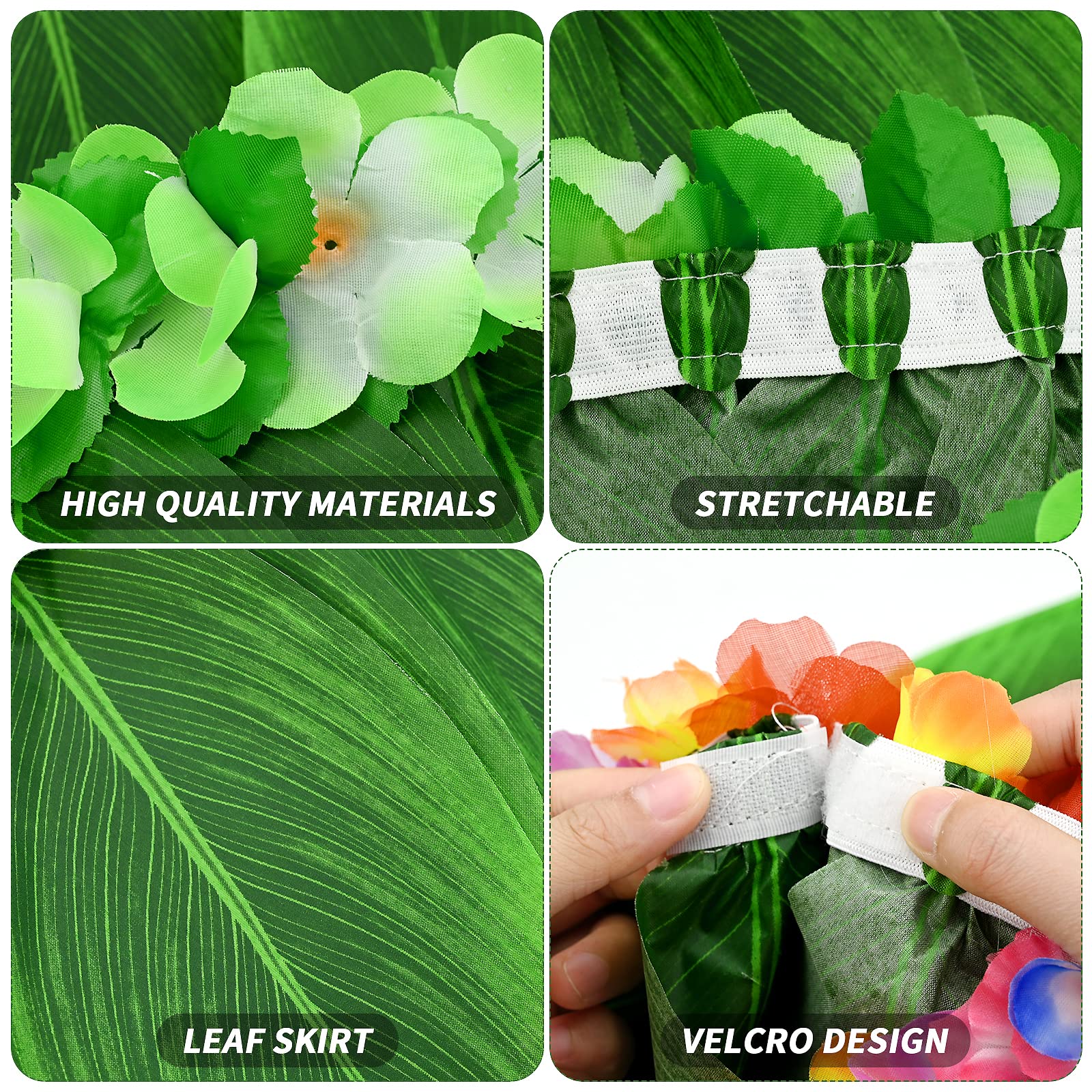 2 Pièces Déguisement Hawaïen Hula Jupe Feuilles Fleur Jupe Hibiscus Fleurs Feuille Herbe Jupe pour Adultes Femmes Hommes Élastique Hawaï Jupe pour Costume Summer Beach Hawaiian Luau Tiki Party