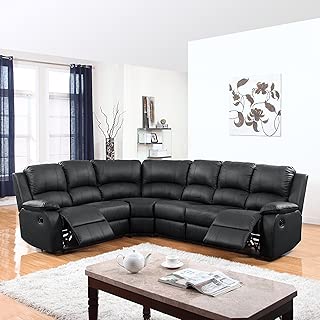 DIVANO ROMA FURNITURE Large Classic and Traditional Bonded Leather Reclining Corner Sectional Sofa (Black) - coolthings.us