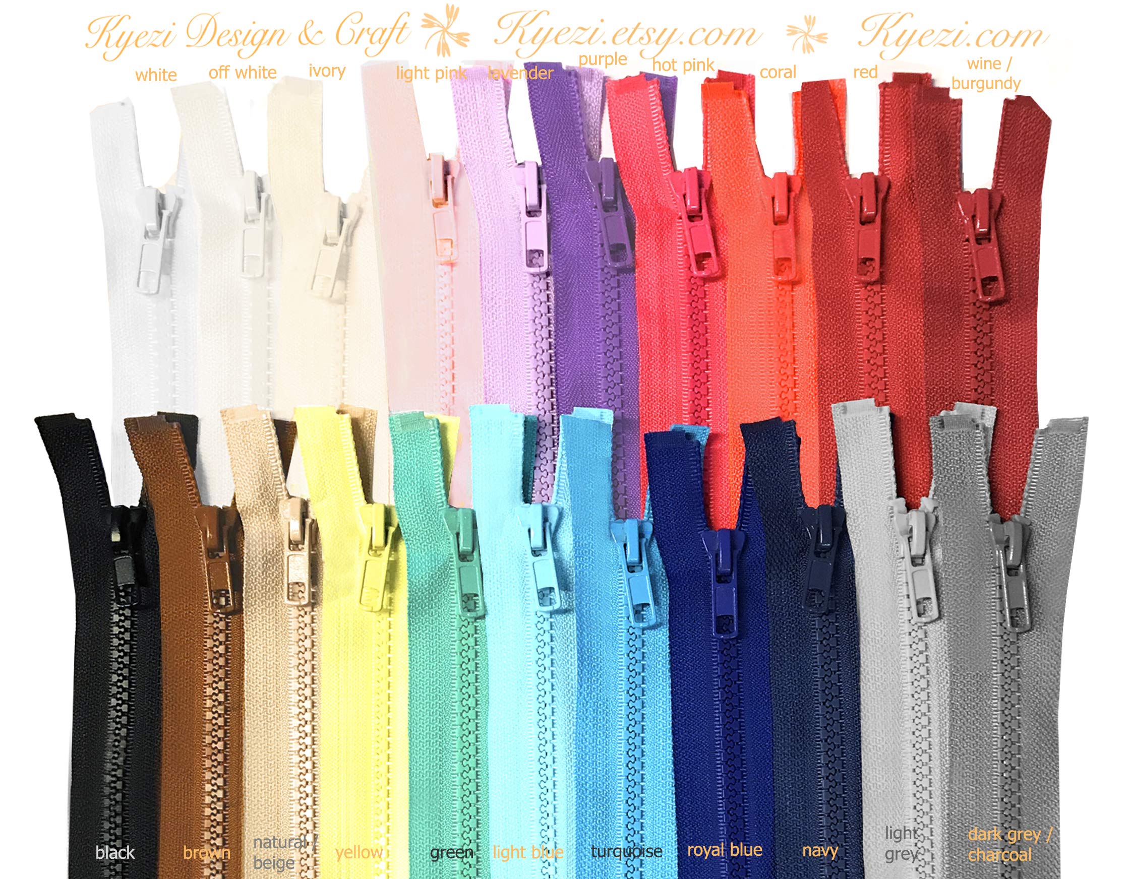 10-25 pcs Molded Plastic Separating Jacket Zippers, Sports, Coats, Sewing, 14-36 Inch, Light Blue/Aqua, 28