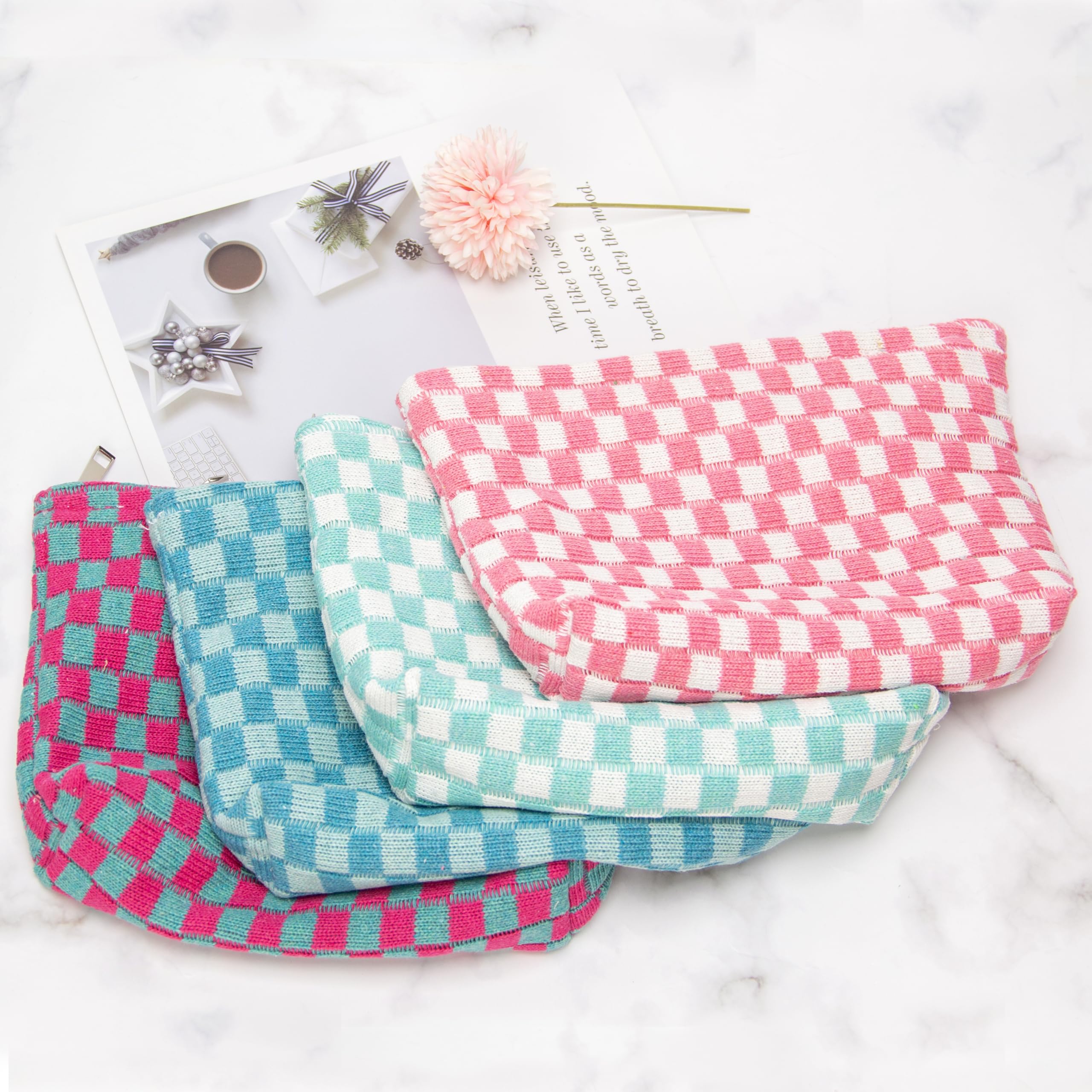 PAZIMIIK Karierte Make-up-Tasche für Geldbörse, tragbar, mit Reißverschluss, kleine Kosmetiktasche für Reisezubehör, B-lake blue