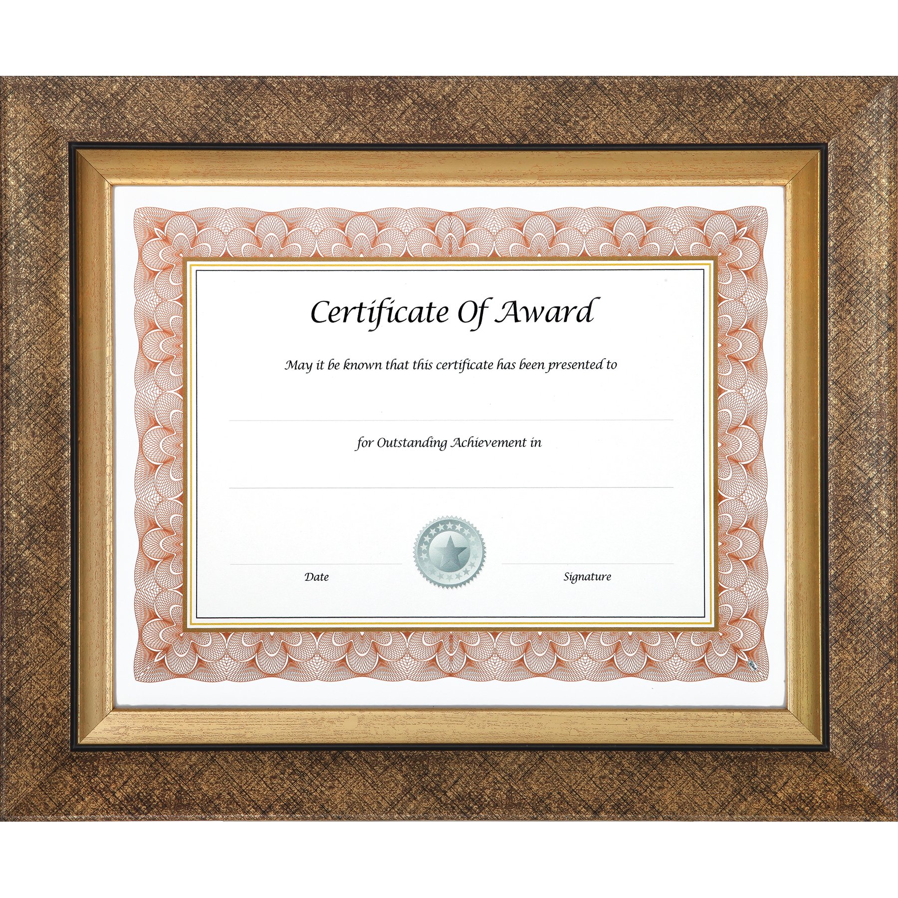 Nudell Series Executive Freestanding Glass Picture Frame for Photo, Diploma, Document or Certificate, 8.5" x 11", Gold/Black Pattern w/Inner Gold Border