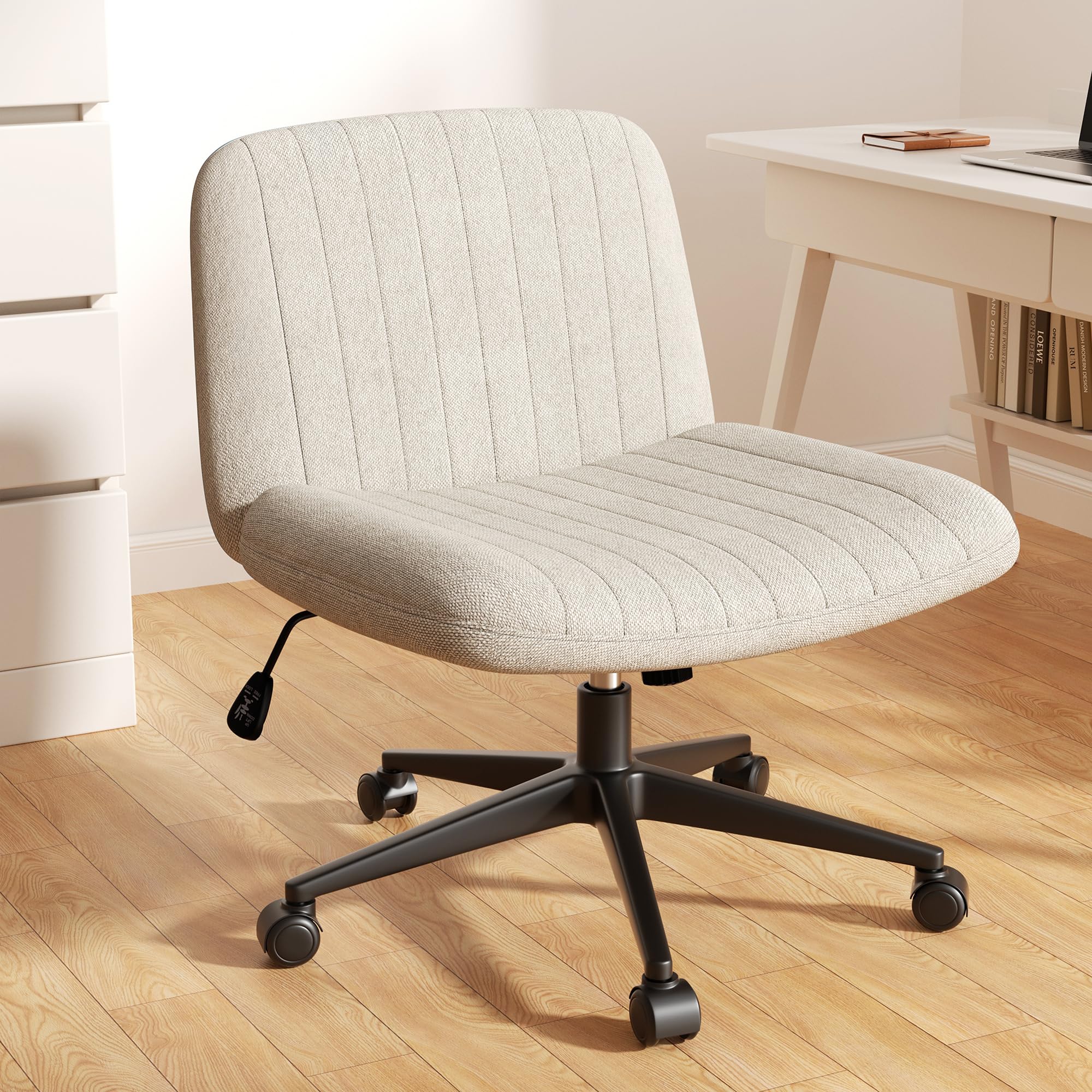 Meilocar Criss Cross Chair with Wheels, 26" Wide Cross Legged Office Chair with Adjustable Height, Armless Fabric Swivel Vanity Chair for Home Office,