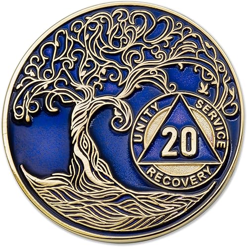 20 años AA Medallion Twisted Tree of Life chapado en oro AA Recovery Chip - Azul translúcido