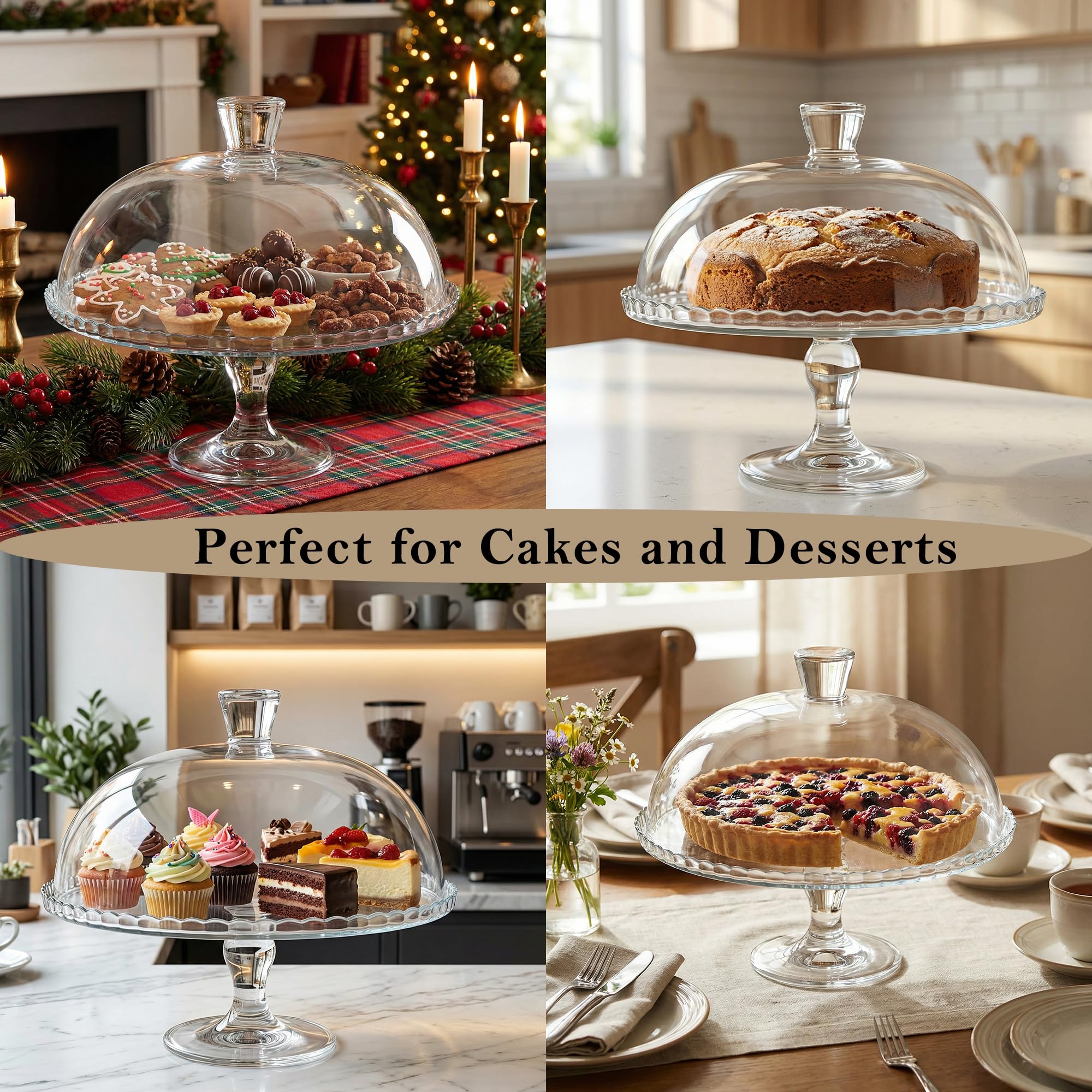 Présentoir à Gâteau sur Pied en Verre avec Cloche, Transparent, Ø 32,2 cm, pour Gâteaux, Cupcakes, Pâtisseries et Réceptions