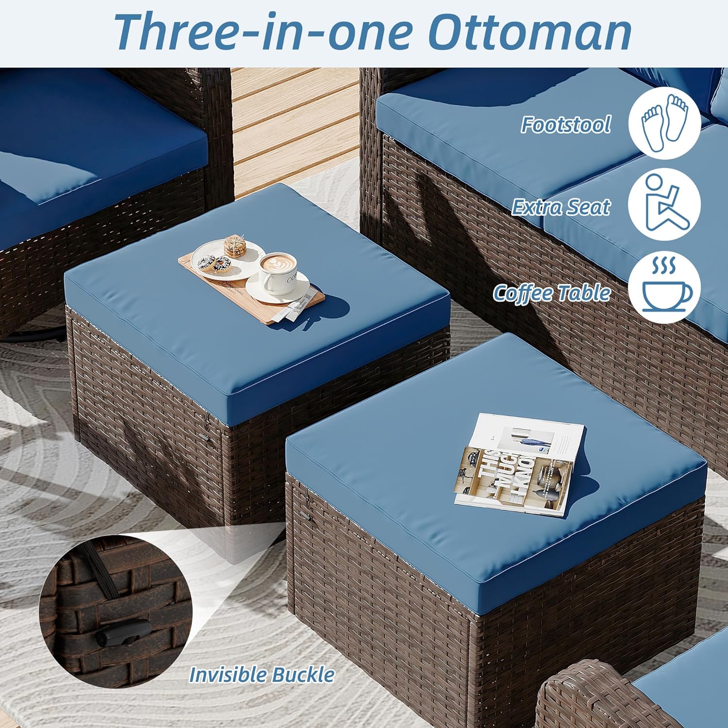 HOMREST Outdoor Patio Ottomans Set of 2, 20-Inch All-Weather PE Wicker Footstool with Removable Cushions, 3-in-1 Function Extra Seating & Side Table for Backyard, Balcony, Poolside (Navy)
