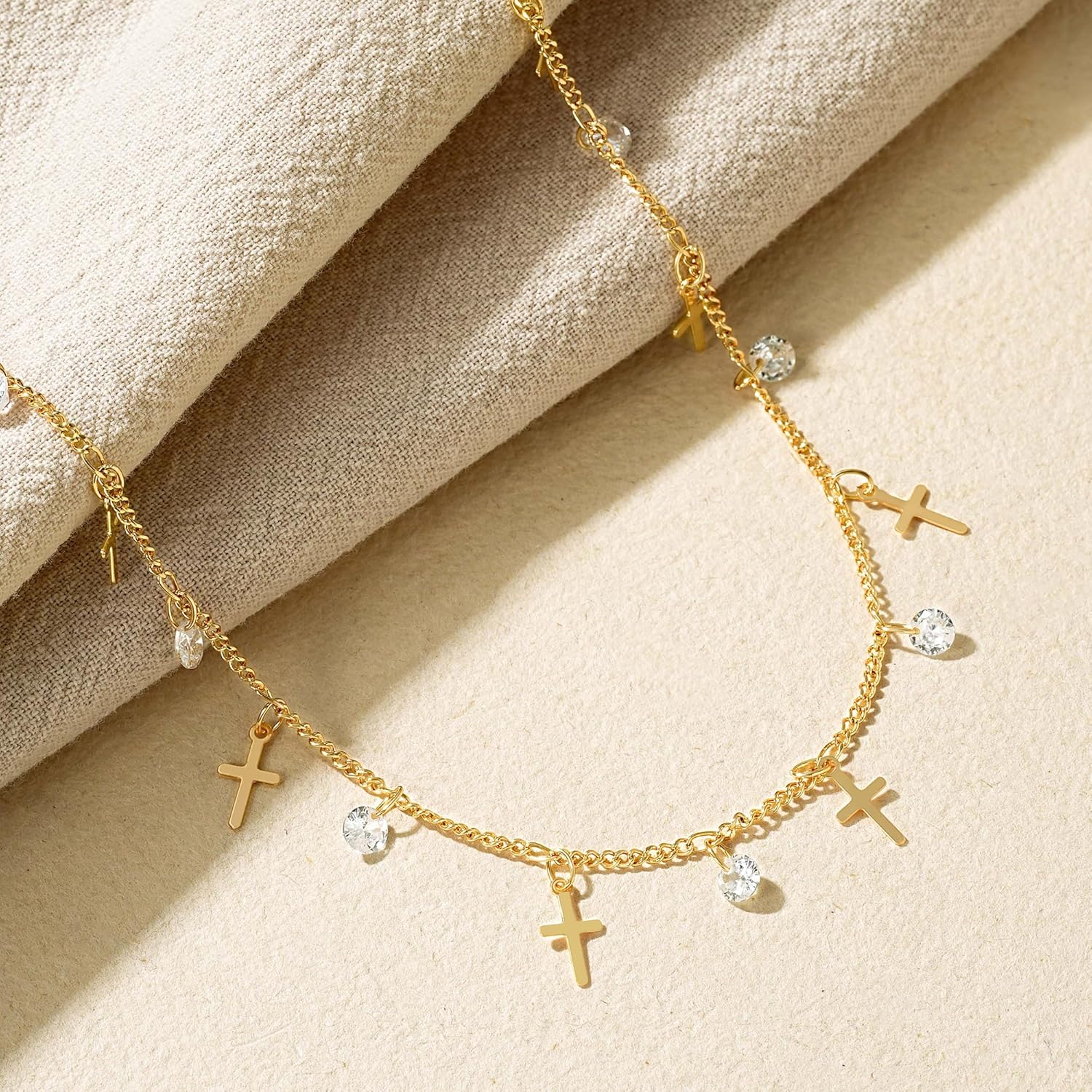 MTMY Gold Station Necklace for Women 14K Gold Plated Cubic Zirconia Cute Cross Heart Shell Teardrop Charm Station Choker Necklace Dainty CZ Chain Necklaces for Women Trendy Jewelry Gifts - Image 6