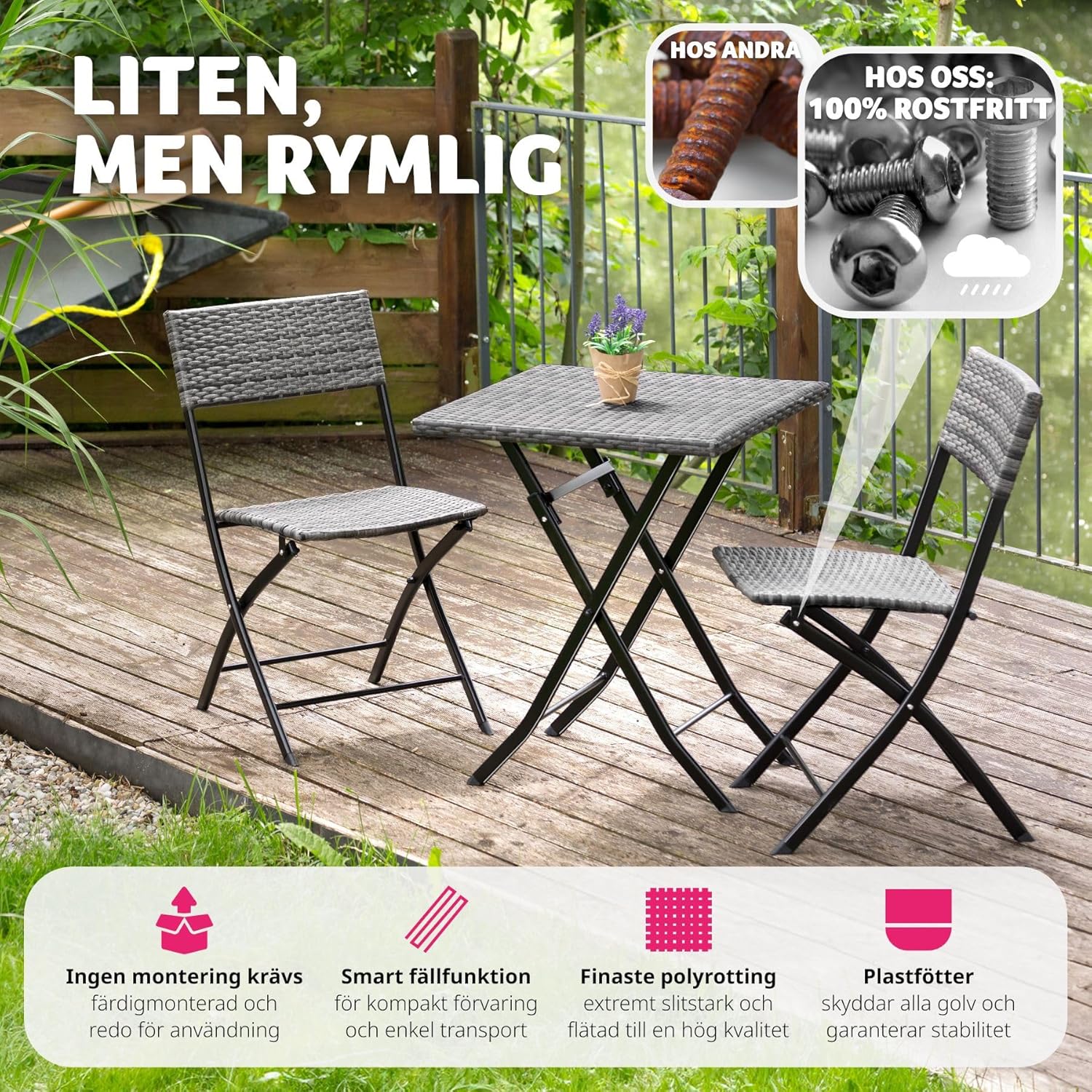 Close-up comparison showing rusted screws versus 100% rust-free screws used in the tectake Trevi Rattan Cafe Set.