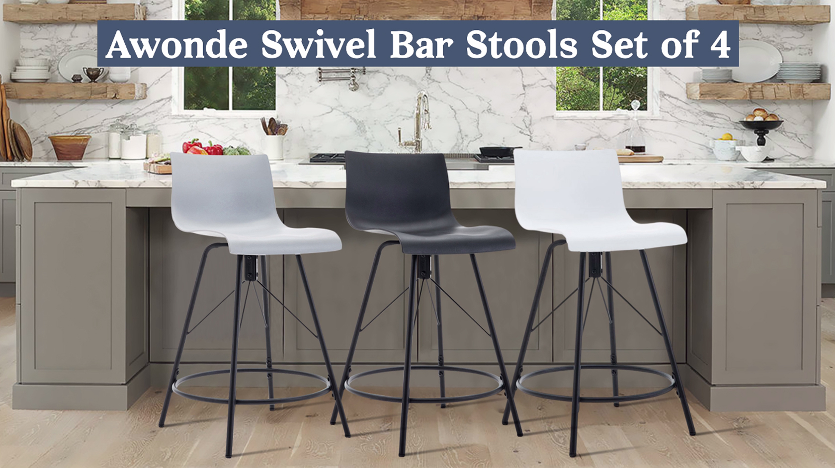 Conjunto de 4 butacos giratorios modernos de plástico negro para barra, con respaldo y patas de metal, altura 24 pulgadas miniatura 7