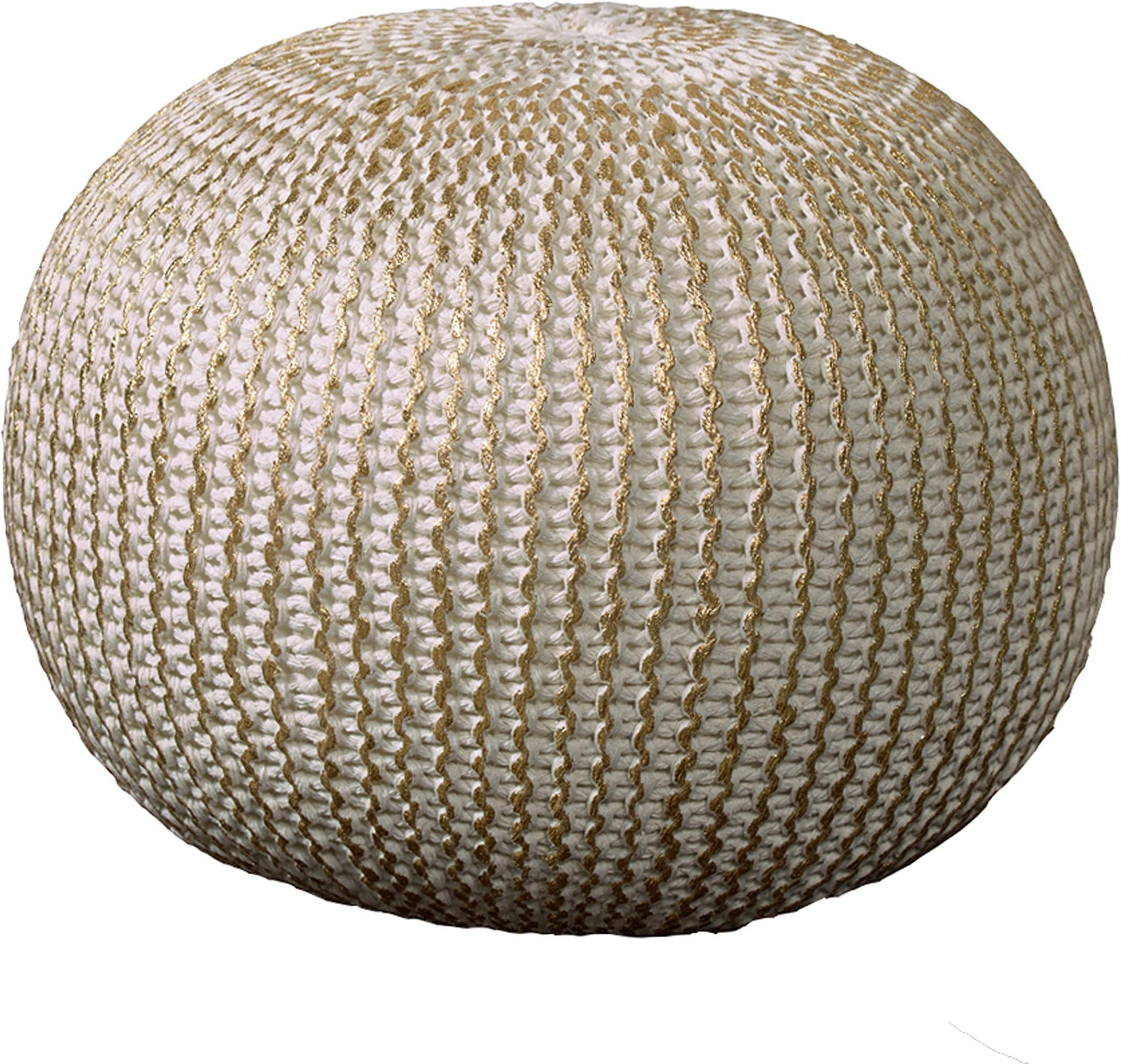 LR Home Gold/Beige Cableknit All-Natural Cotton Round Ottoman for Home Décor | Hand-Made Farmhouse Foot Rest for Bedroom & Living Room | 20 x 20 x 16 Stuffed Pouf for Seating