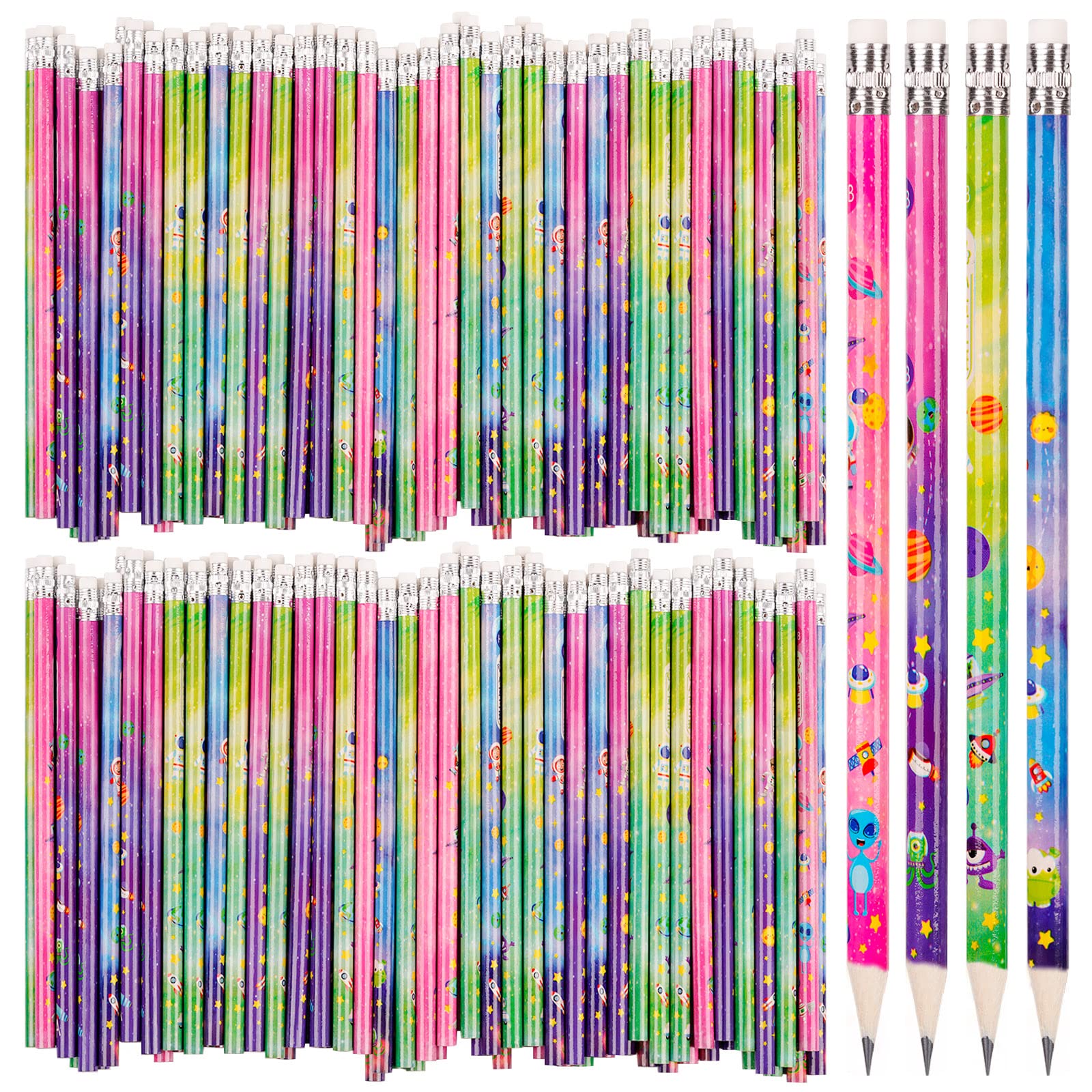 100 Pieces Outer Space Pencils Pencils Bulk Starry Sky Wooden Writing Pencils with Durable Erasers Top Home Office School Classroom Supplies (100)