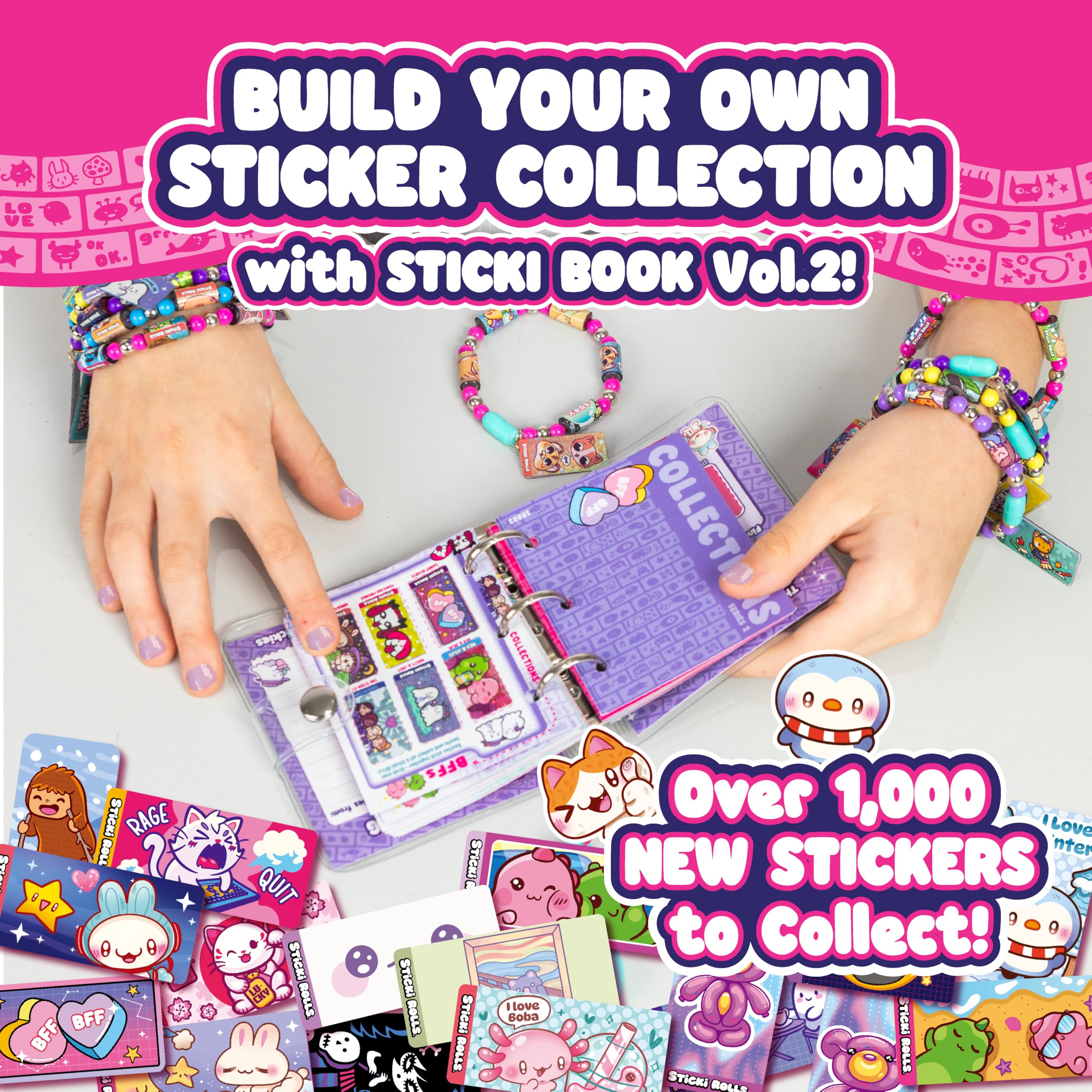 STICKI Rolls Sticki Book – oryginalna bransoletka z naklejkami na zabawki do noszenia + książka kolekcjonerska, zawiera 120 mini naklejek, ponad 1000 zabawnych wzorów naklejek do kolekcjonowania