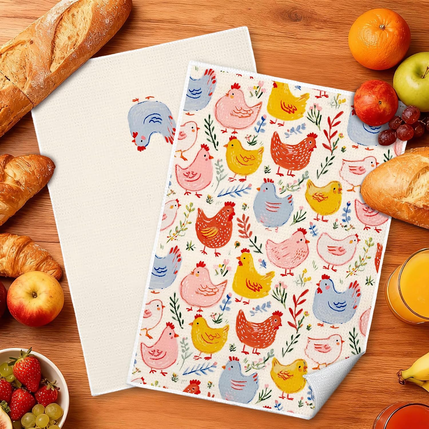 Retro Colorful Chicken Kitchen Towels, Chicken Lover Gifts, Whimsical Farm Animal Hen Decorative Dish Tea Hand Towels for Kitchen Bathroom, 16x24 Inches Set of 2