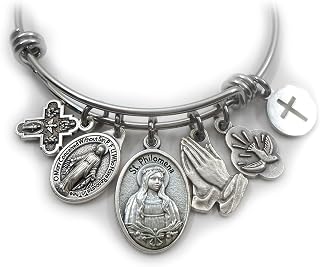 St. Philomena Bangle Bracelet, Patron Saint Italian Charm Jewelry, Catholic Gift, 4 Sizes Extra Small to Large