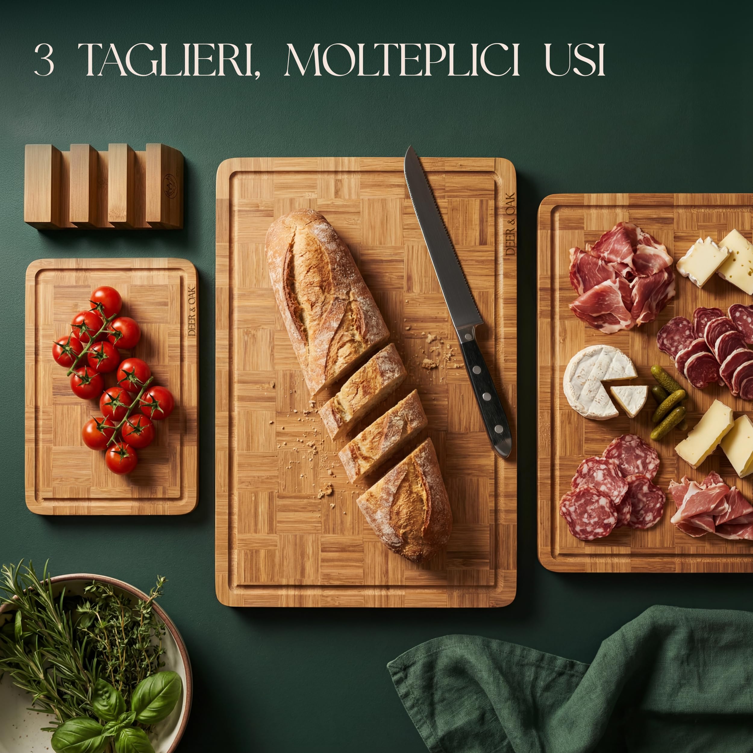 Deer & Oak Set 3 Taglieri in Bambù Carbonizzato con Supporto | Legno pre-oliato · Motivo intrecciato a cesto · Resistenti