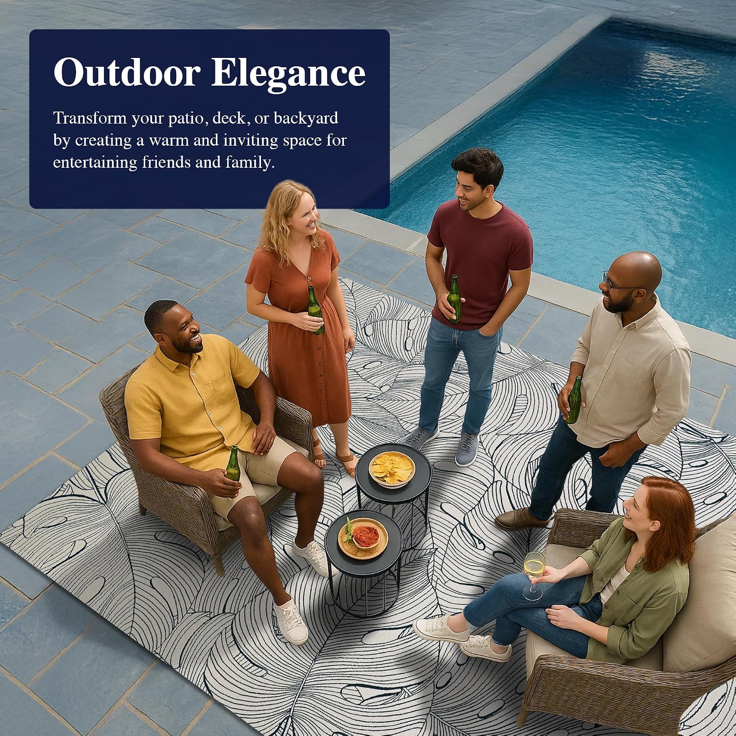 Couristan 5'3" x 7'6" Leaf Indoor-Outdoor Rug - Palma Blue Area Rug with Leaf Pattern, Flatwoven Polyester Texture, UV-Stabilized, Fade-Resistant, and Easy-Clean Floor Accent for Patio or Living Room