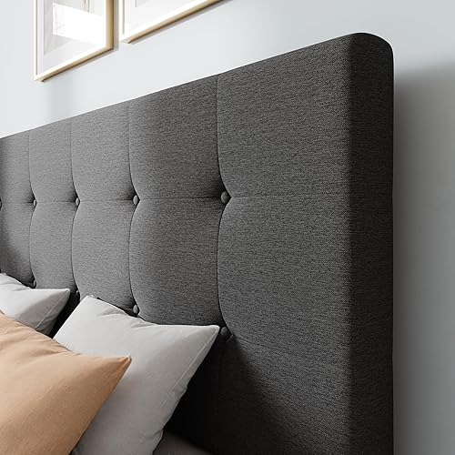 Miniatura 52 de WEEWAY Base de cama de plataforma tamaño Queen con 4 cajones de almacenamiento, cabecera capitonada con botones de costura de diamante, base de