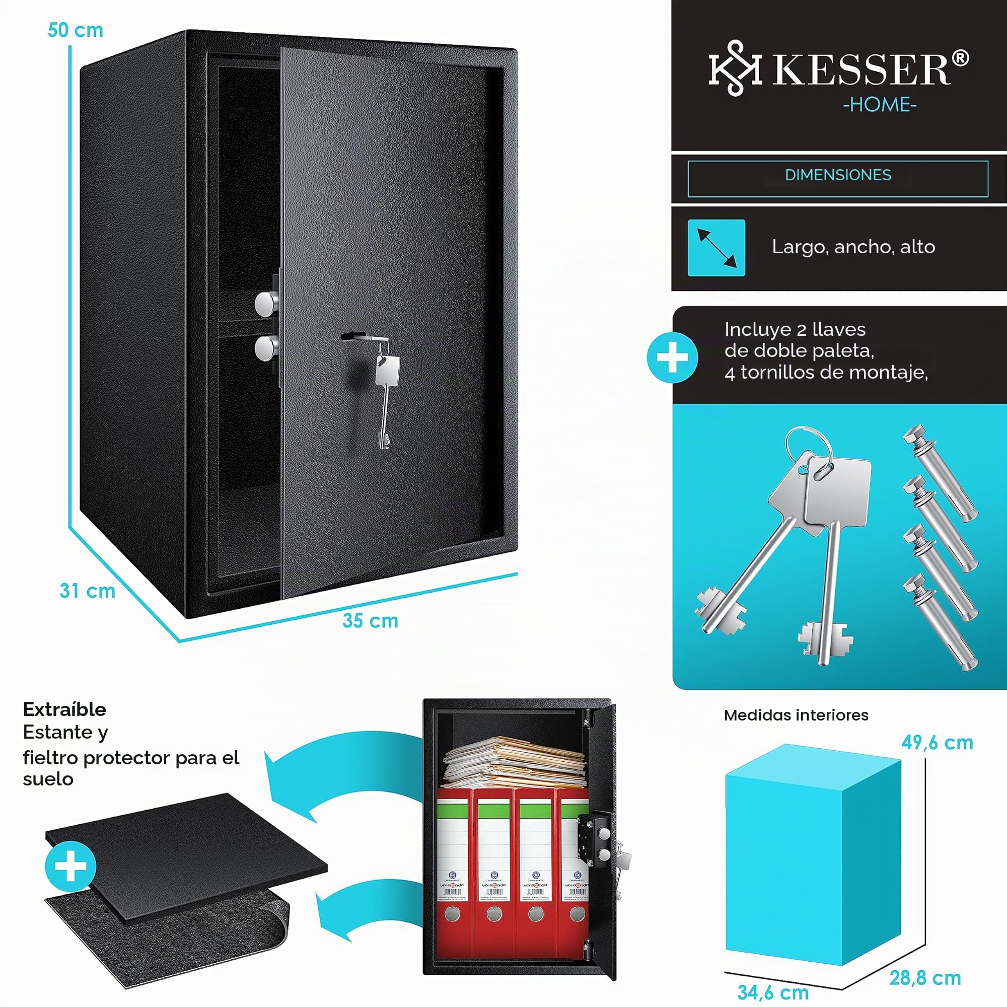 KESSER® Caja fuerte de suelo-pared, para muebles, con cerradura de doble paletón, armario para dinero 50 x 35 x 31 cm incluye 2 llaves