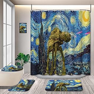 4 Pcs Custom Wars Design Starry Night Shower Curtain Sets with Non-Slip Rugs, Vincent Van Gogh Stars Art Decorative Waterproof Fabric for Bathroom Decor Size with 12 Hooks 72 * 72 Inches