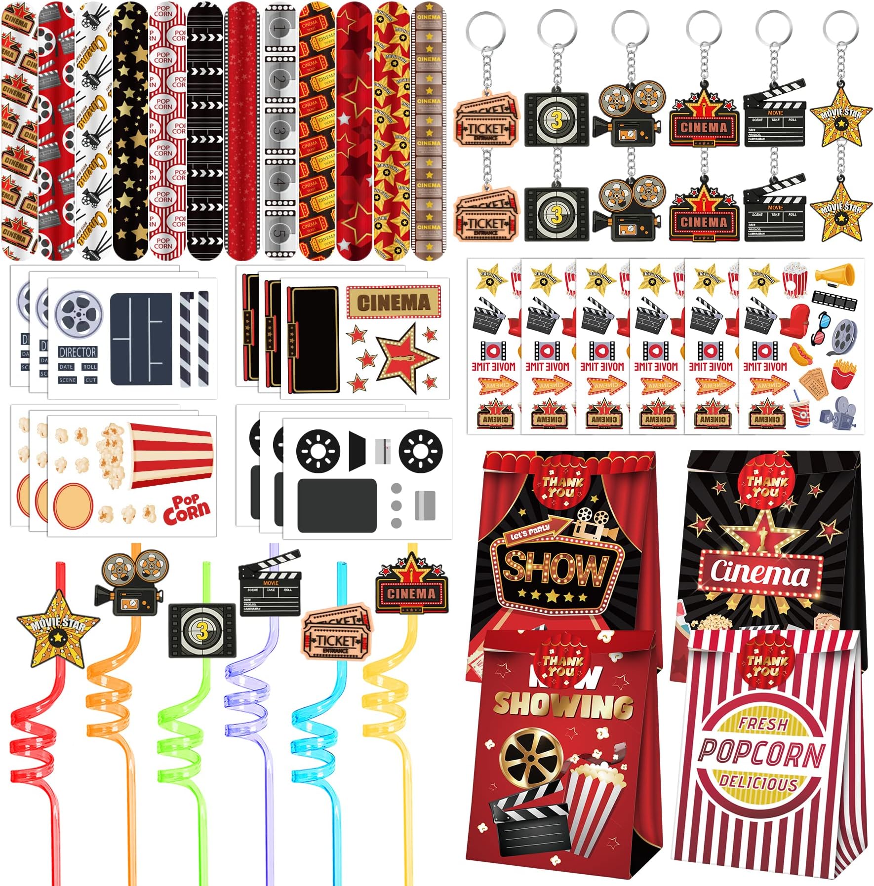 Movie Night Party Favors 72 PCS Movie Theater Slap Bracelets Temporary Tattoos DIY Stickers Keychains Plastic Straws Gift Bags for Kids Movie Night Carzy Birthday Party Gift Baby Shower Goodie Bag Fillers Movie Party Supplies
