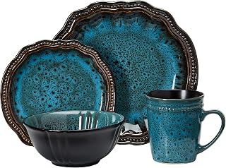 Elama Mystic Waves 16-Piece Stoneware Dinnerware Set - Textured Plates, Bowls & Mugs for 4, Dishwasher Microwave Safe