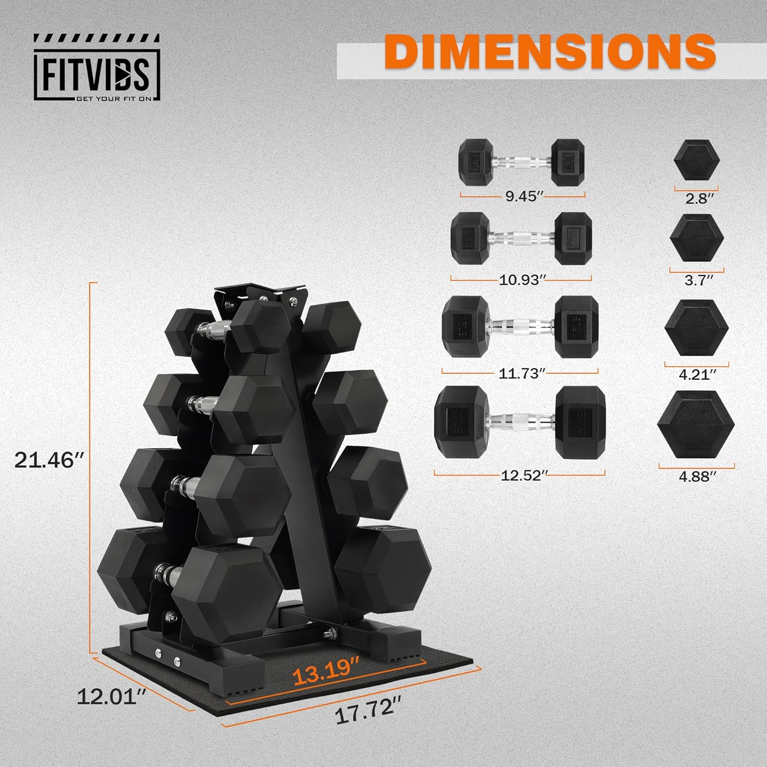 Dimensions of the Fitvids dumbbell rack and individual hex dumbbells.