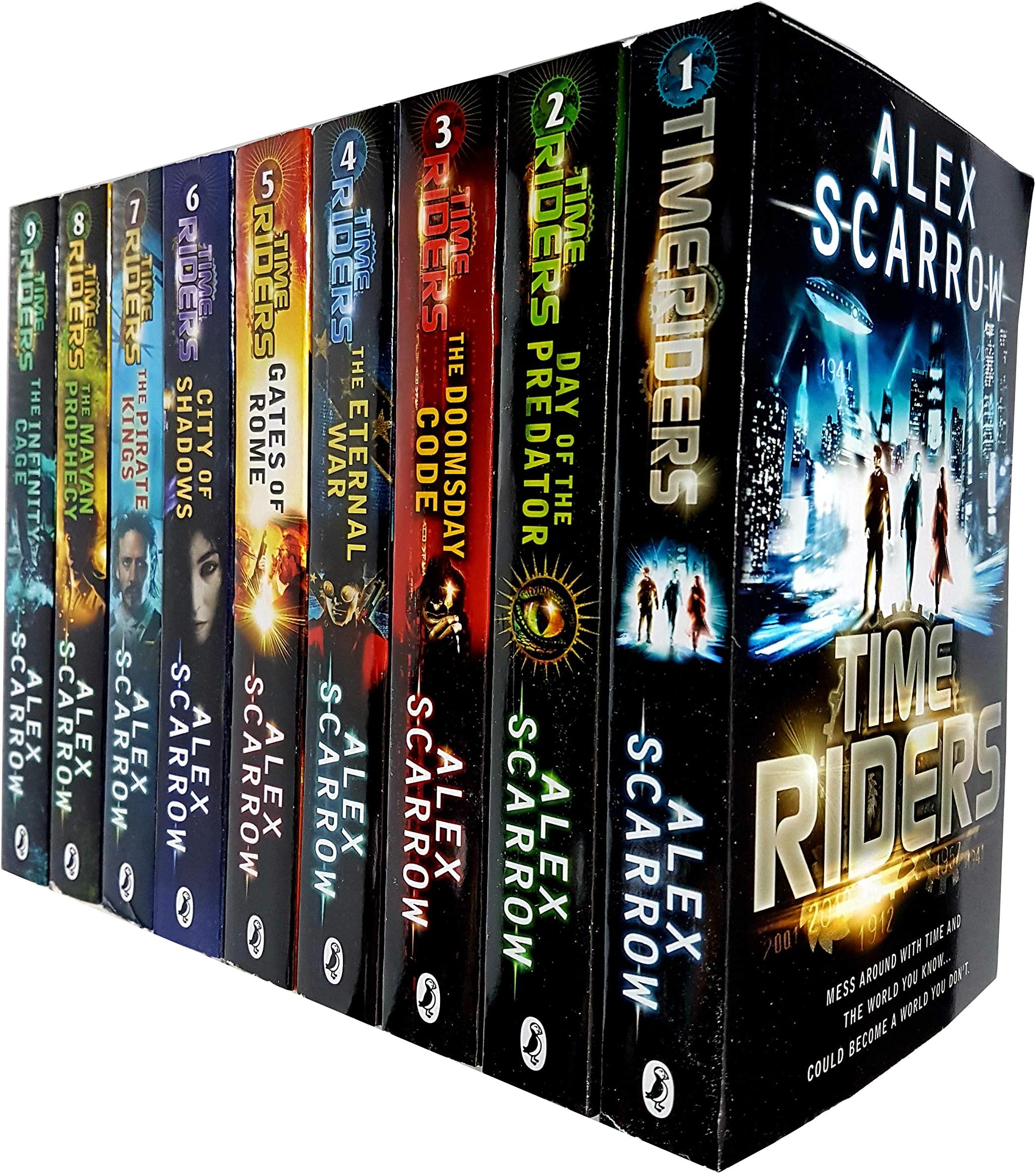 Time Riders Collection Alex Scarrow 9 Books Set Pack (TimeRiders, Day of the Predator, Doomsday Code, Eternal War, Gates of Rome, City of Shadows, Pirate Kings, Mayan Prophecy, Infinity Cage)