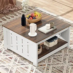 GOOBED Farmhouse Sqare Coffee Tables for Living Room with Storage, Grey Wash Coffee Table 2 Tier Spaciou Storage Shelf, Modern Center Table Small Coffee Tables, Brown and White