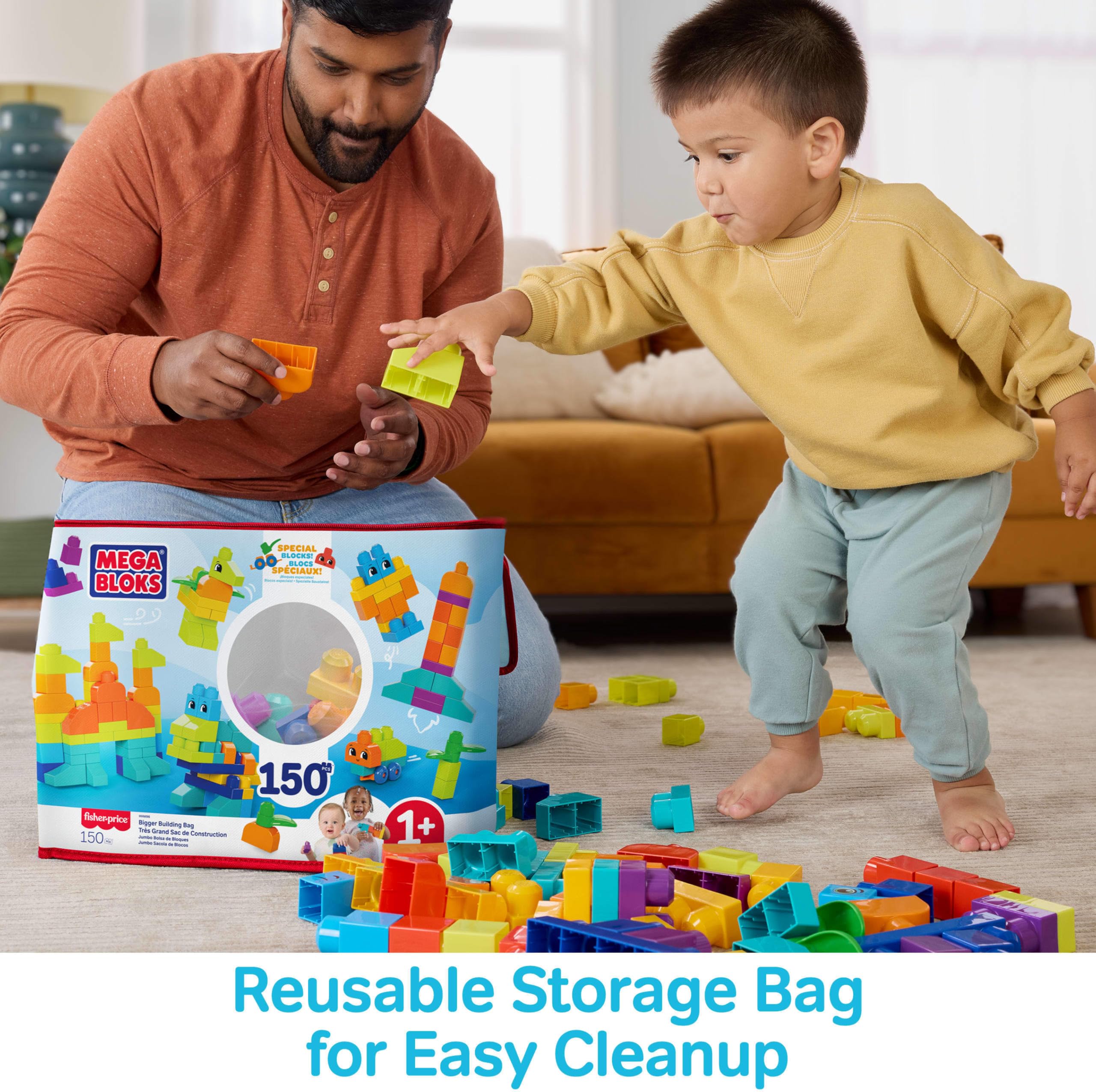 Mega Bloks First Builders Sacca Eco Grande, Blocchi per Bimbi | 150 pezzi, blocchi speciali, base con ruote, sacca inclusa, bimbi 1+ anni, per costruzioni facili, HHM96