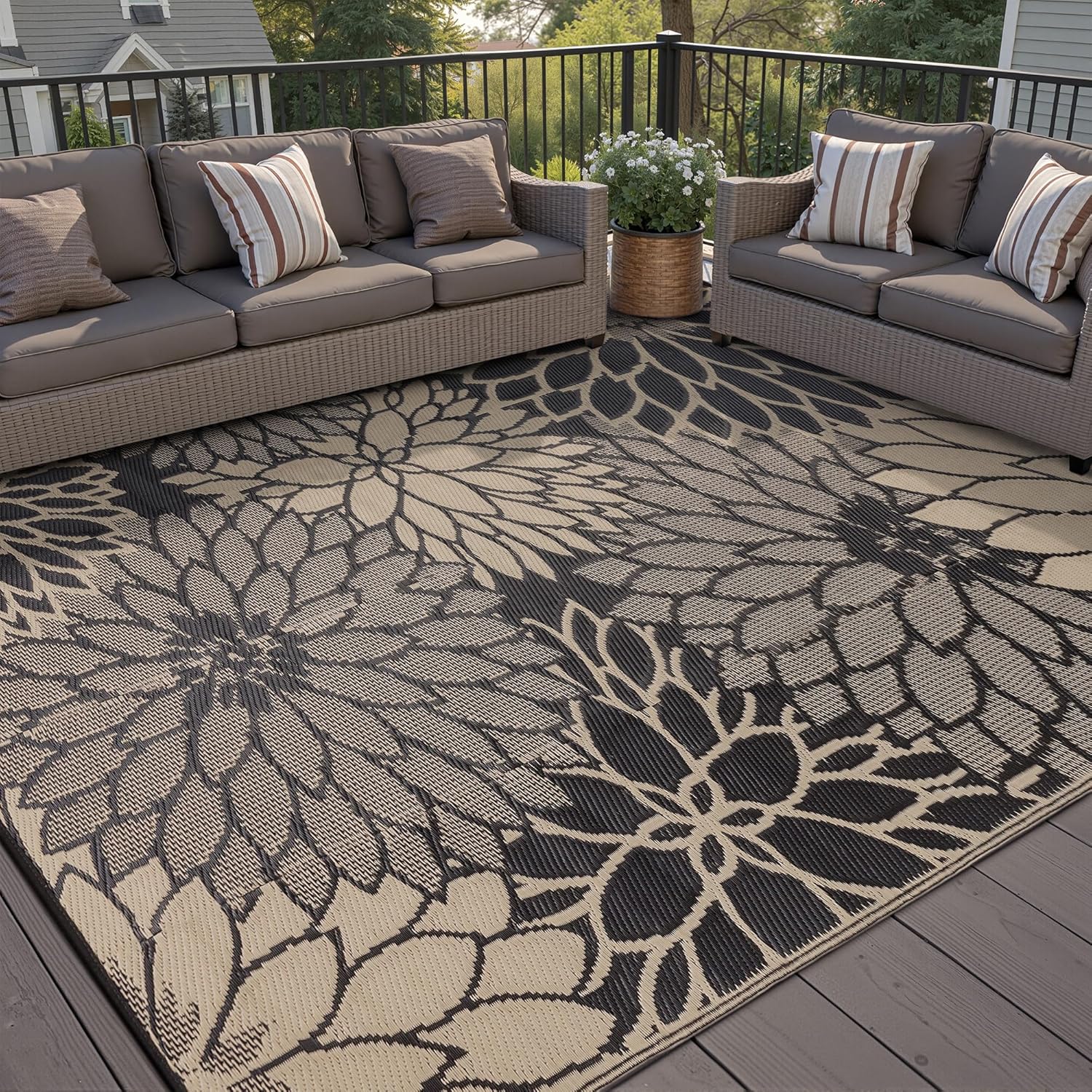 HUGEAR 9'x12' Outdoor Rug Waterproof Plastic Straw Rugs Large Brown Reversible Floral Mat Floor Carpet for Camping RV Deck Entryance Porch Picnic Balcony Beach Backyard