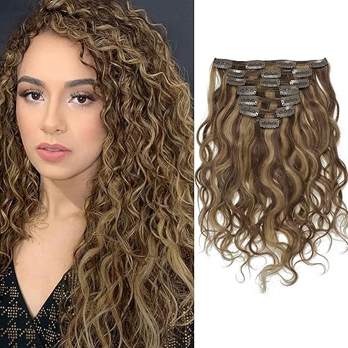 Anrosa Extensiones de cabello humano de 18 pulgadas con clip P #427, onda natural, cabello humano Remy real, color piano #4 con color rubio fresa