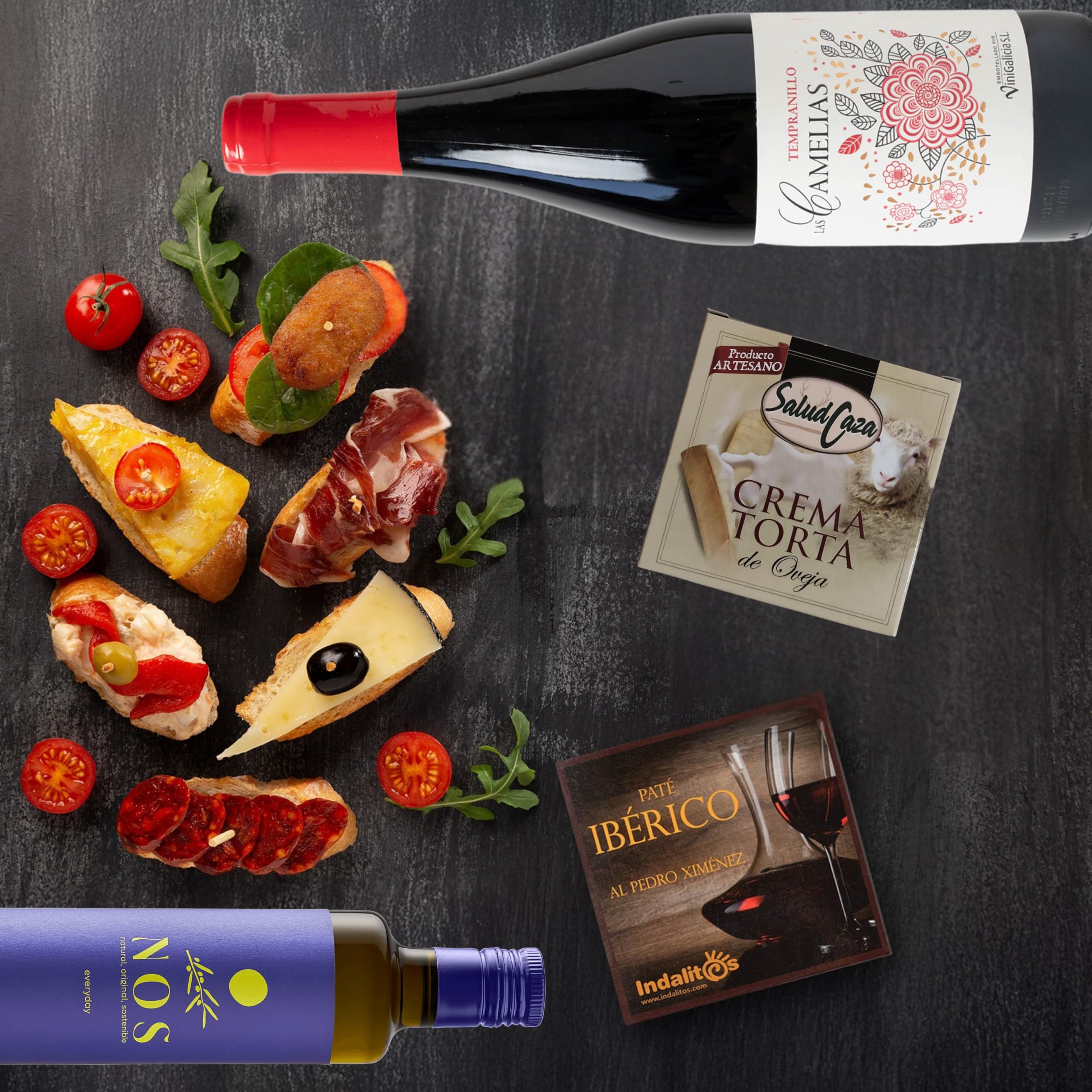 UNIVERSO GOURMET Präsentkorb Geschenkbox mit Rotwein 75 cl, Olivenöl, Chorizo, Salchichón, Paté, Schafskäsecreme & Picos