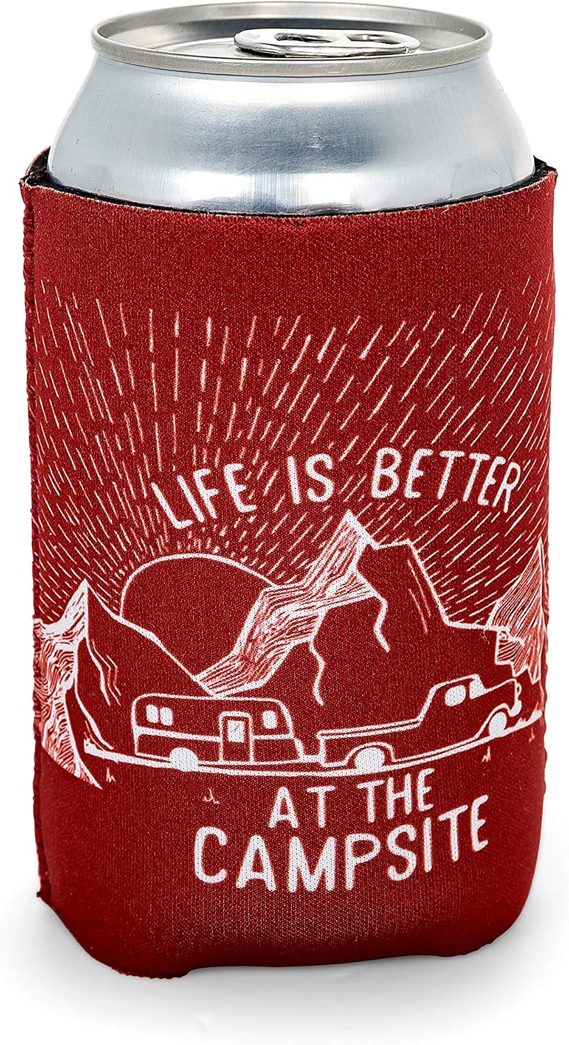 Camco Life Is Better at The Campsite Skinny Cozie Can Coolers | Features 4 Unique Camper/RV Themed Designs | 4-Pack (53309)