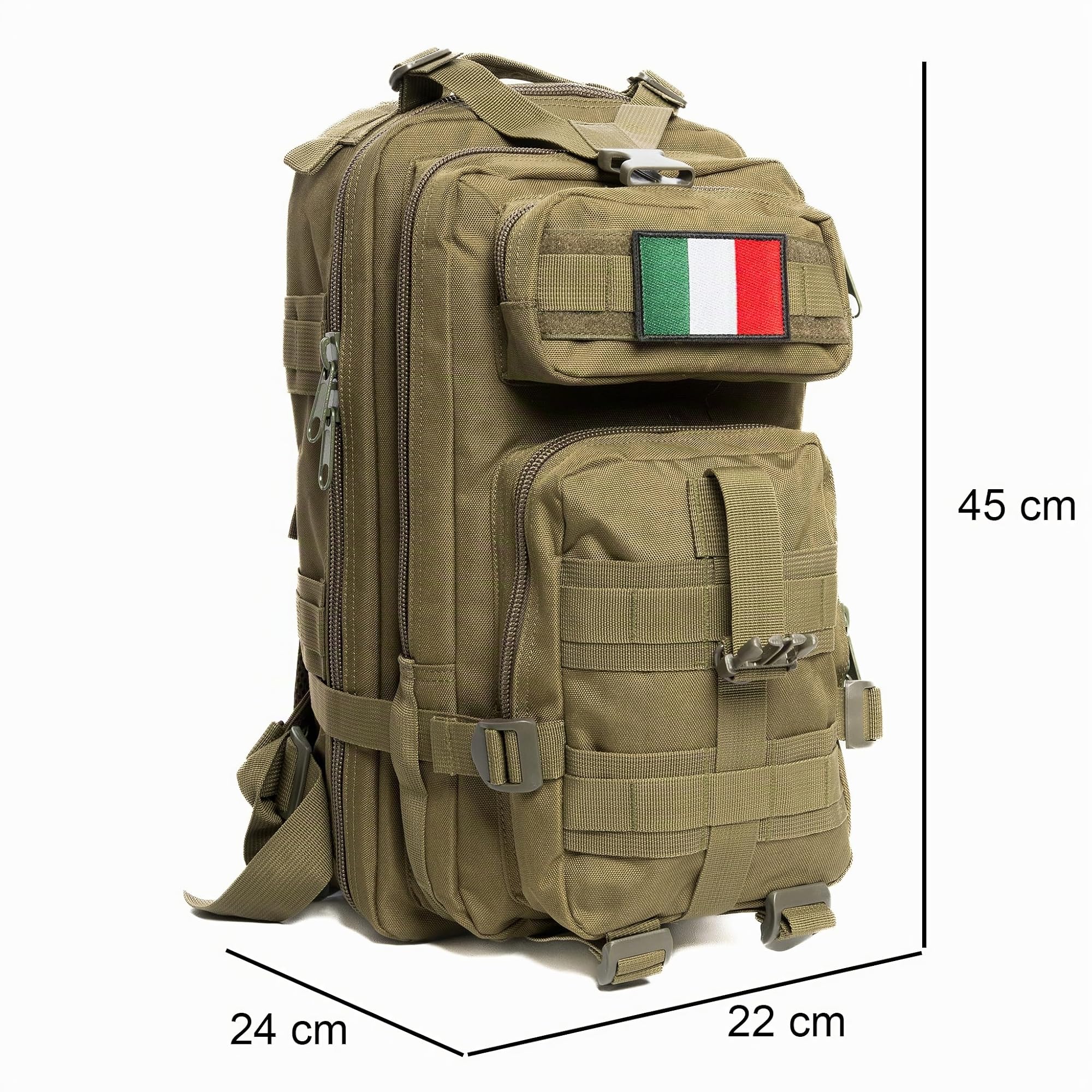 Generico Zaino Tattico Militare 30 Litri Professionale con Sistema Molle, Idrorepellente, Patch Bandiera Italiana e Torcia Tattica in Omaggio per Escursioni, Campeggio & Outdoor, cm 22X24X45
