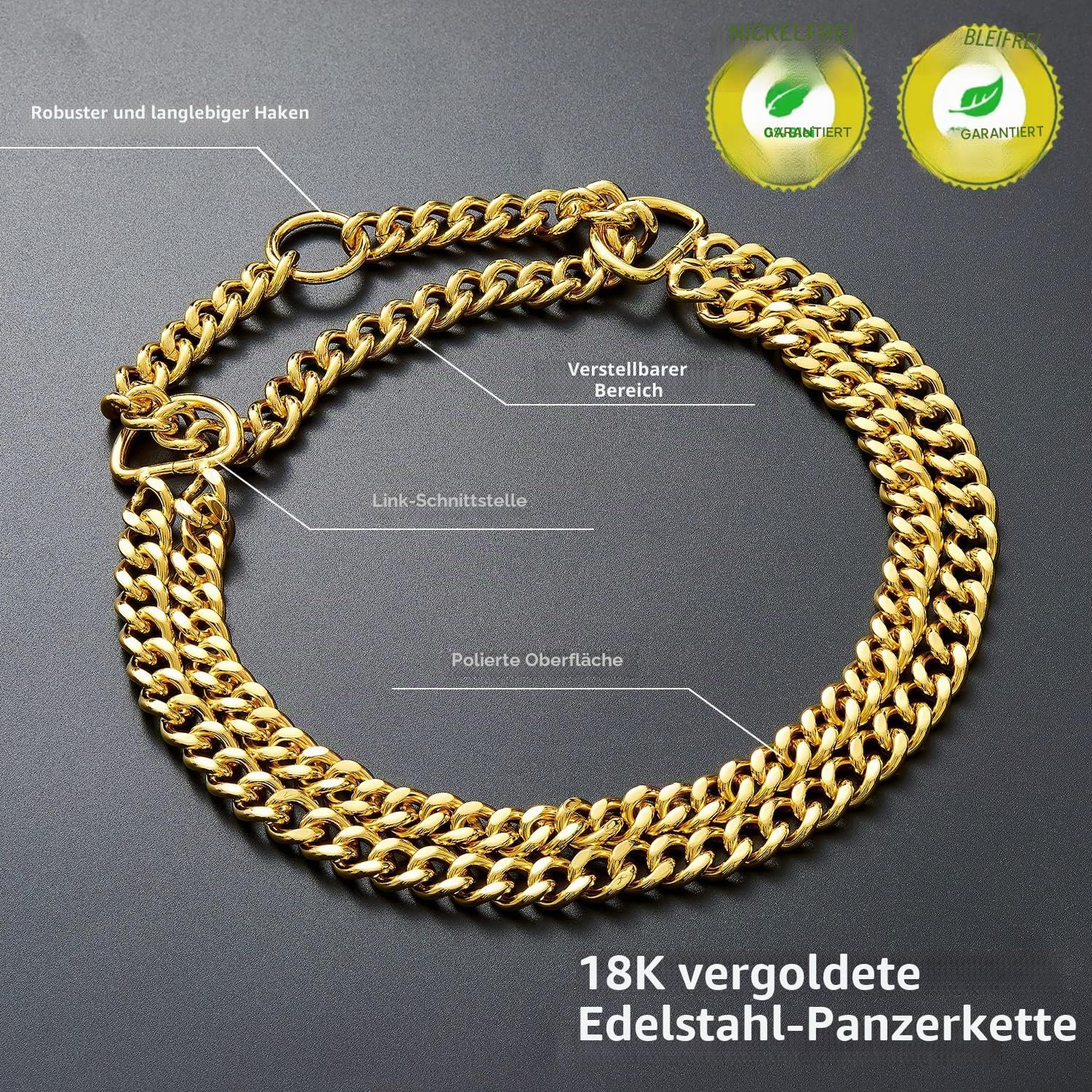 Goldfarbenes Hundehalsband, Edelstahl, 18-karätiges Gold, verstellbares Gehen, Metall, Cuban Link Panzerkette, kaufest, Zweireihige Kette, für große, kleine, mittelgroße Hunde, 30,5–40,6 cm, 18 Karat