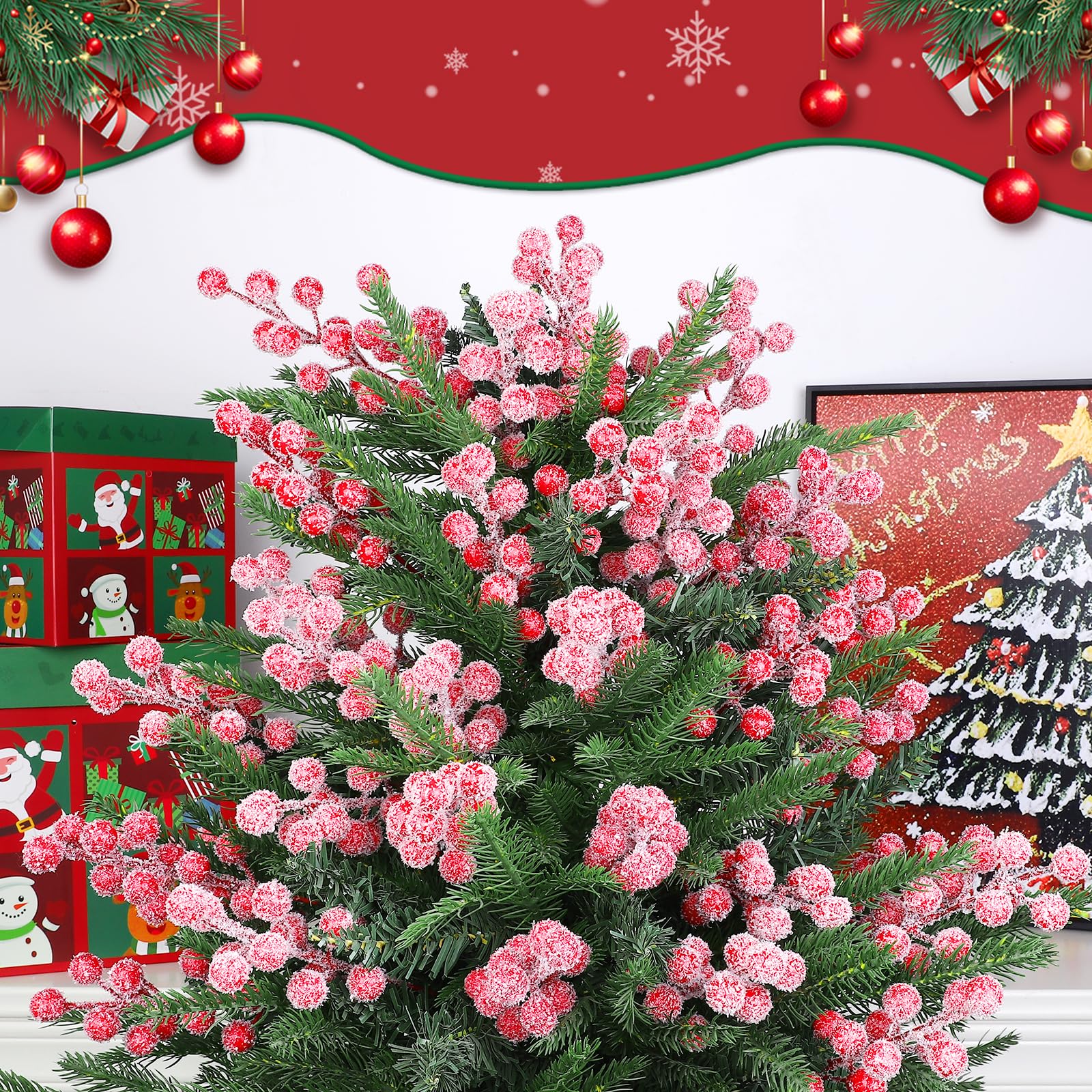 Fangoo 32 Pezzo 23 cm Artificiali Spruzzo Innevato Bacche Rosse Rami di Natale Bacche Rosse Decorazioni per Decorazione Albero di Natale Ghirlande Matrimonio Decorazioni per Feste In Casa