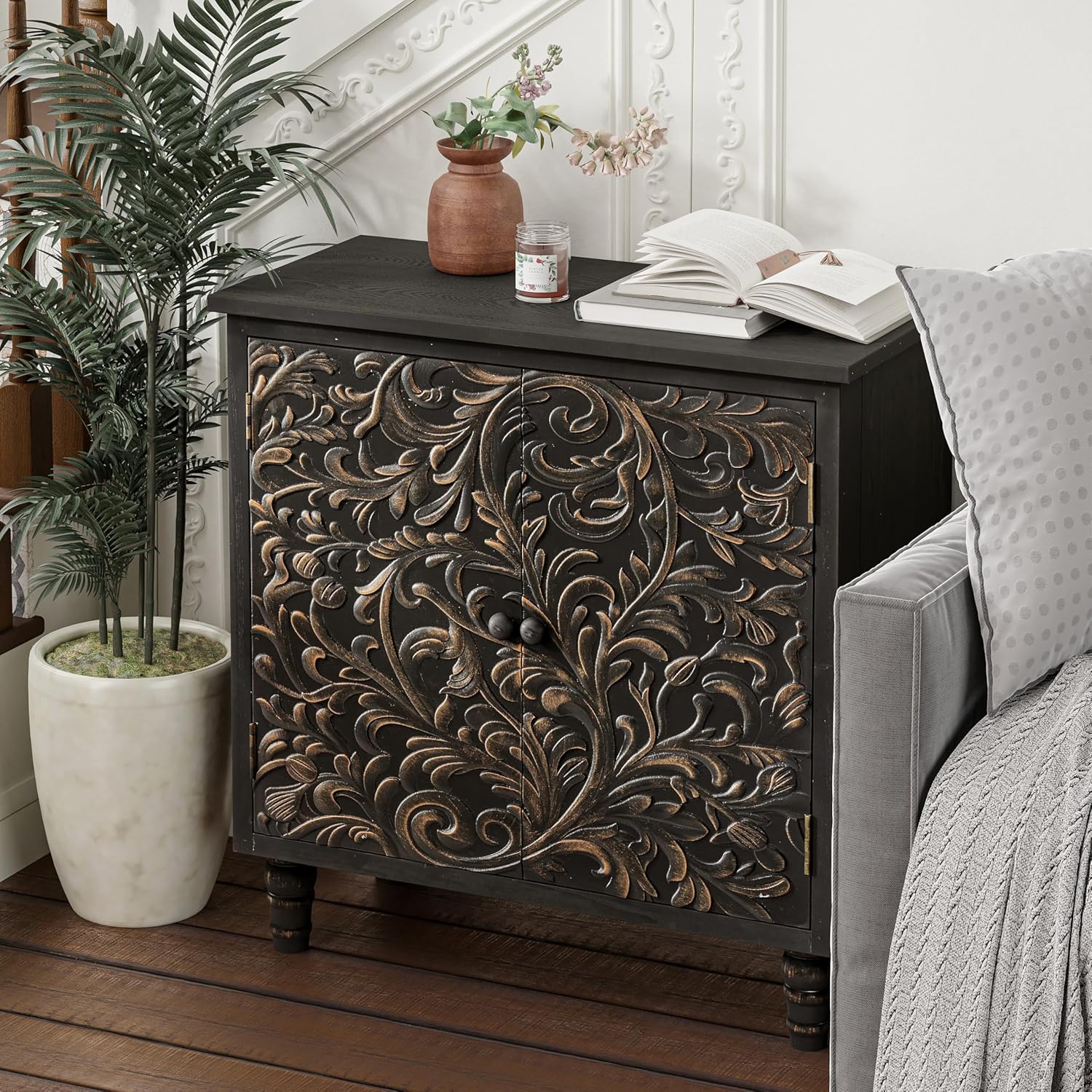 LONYKE 2 Door Farmhouse Storage Cabinet with Embossed Distressed Flower Motif, Vintage Side Table for Living Room, Bedroom, Boho, Black