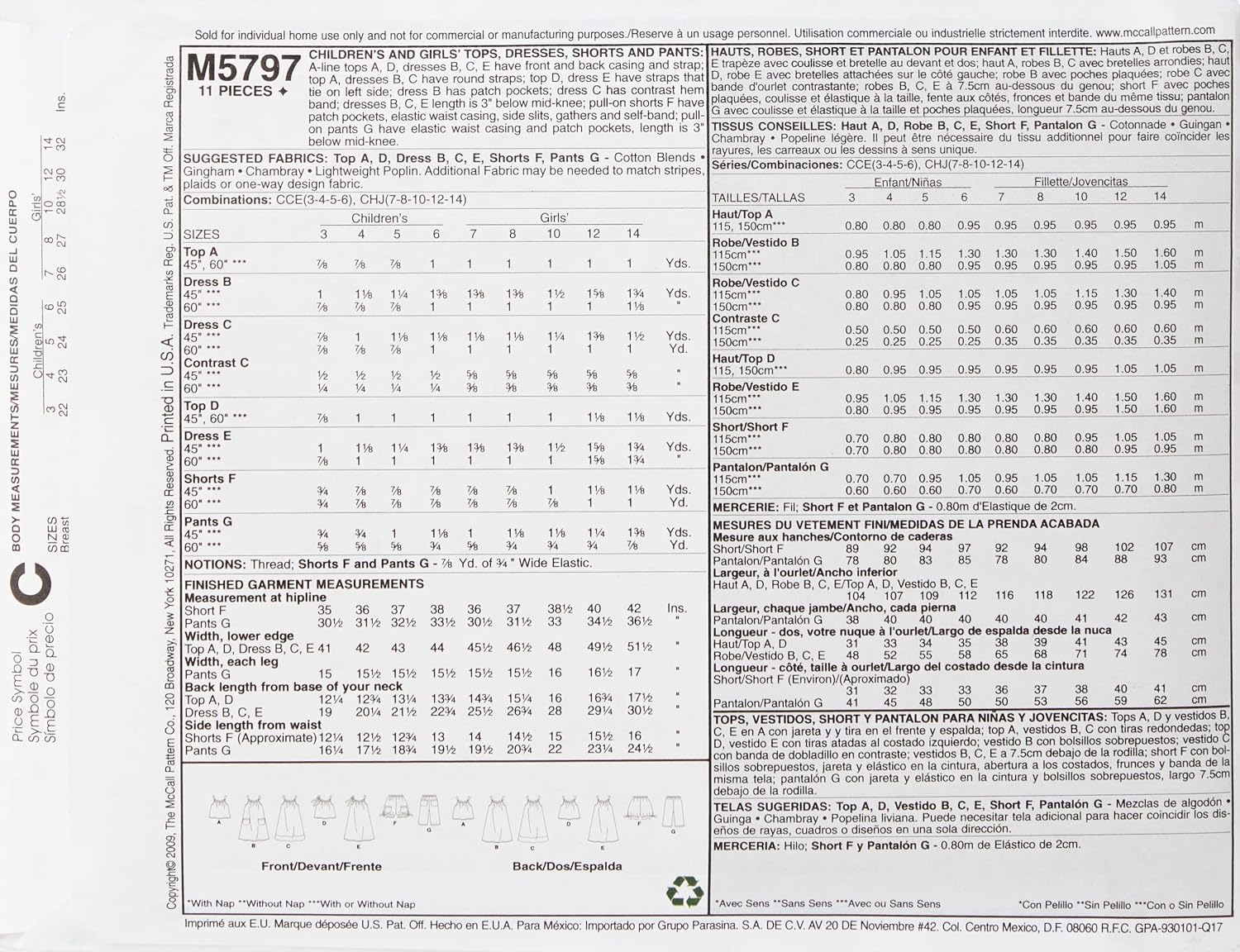 McCall's Patterns M5797 Children's/Girls' Tops, Dresses, Shorts and Pants, Size CCE (3-4-5-6)