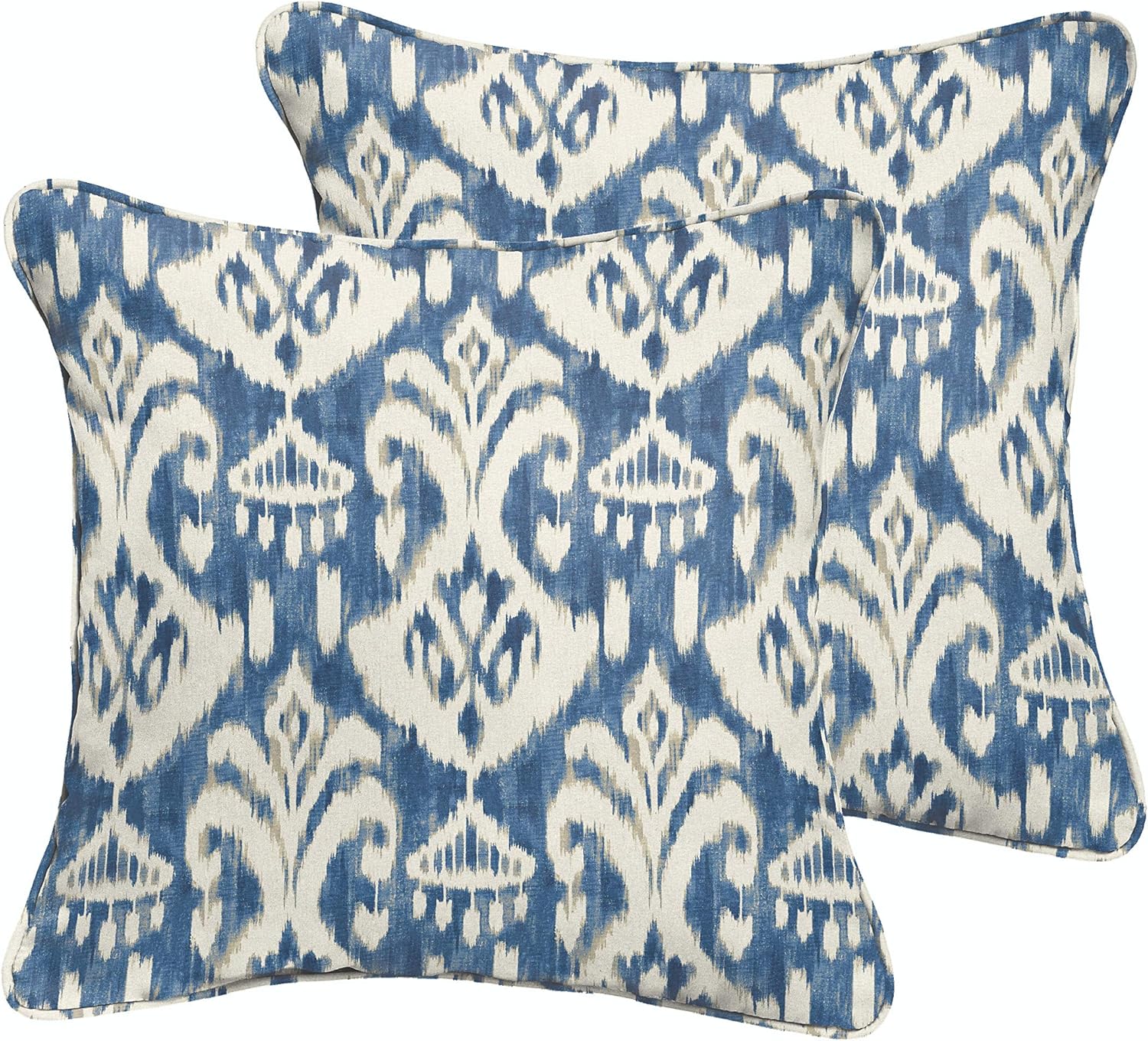Trupedic - Indoor/Outdoor Square Pillows (Set of 2), Indigo Blue & Cream Demask