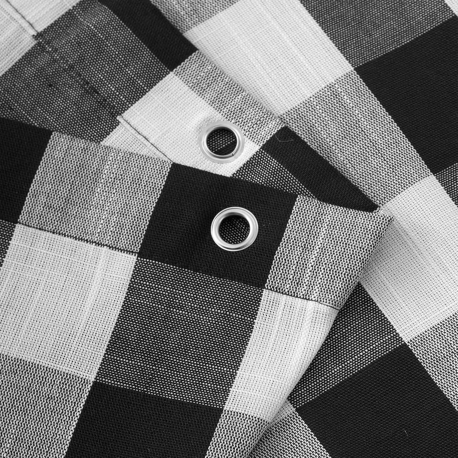 VOILYBIRD Black and White Shower Curtain Linen Texture Buffalo Plaid Farmhouse and Boho Mix with Pompoms 72x72
