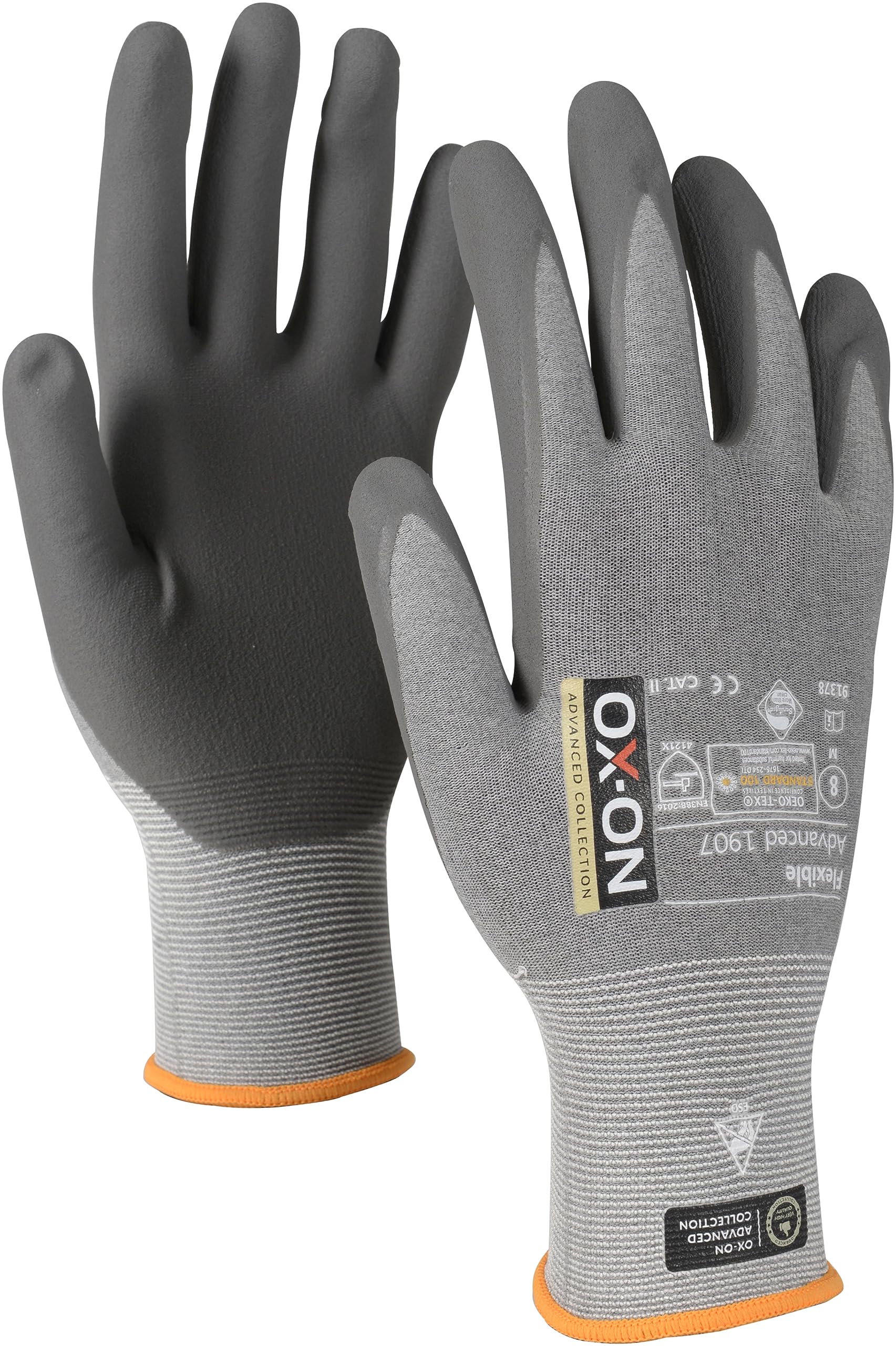 OX-ON FLEXIBLE ADVANCED 1907 Arbeitshandschuhe in Grau I 12 Paar Montagehandschuhe mit ESD-Zertifizierung & Nitrilschaumbeschichtung I Flexibel & mit Touch-Funktion I EN Zertifizierung I Gr. 11