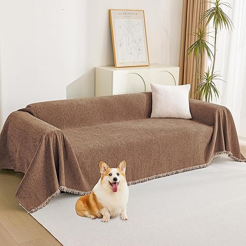 MYSKY HOME - Funda de sofá bohemia color camel con borlas blancas, rústica, protector de sofá sencillo para perros, fundas de sofá modular de