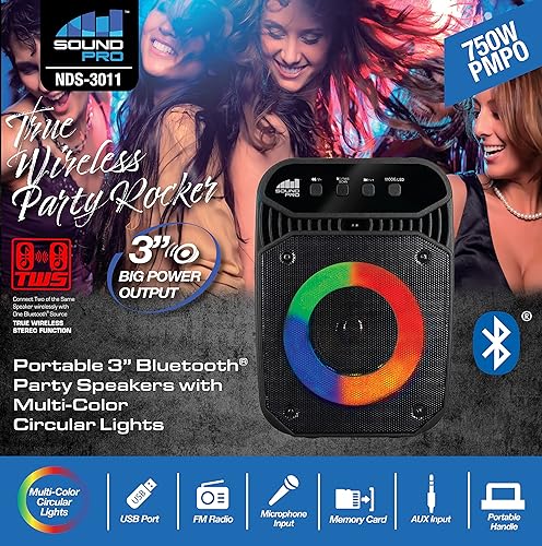 Miniatura 3 de Naxa Electronics NDS-3011 - Altavoz portátil Bluetooth de 3 pulgadas con luces circulares multicolor, hasta 2 horas de tiempo de reproducción,