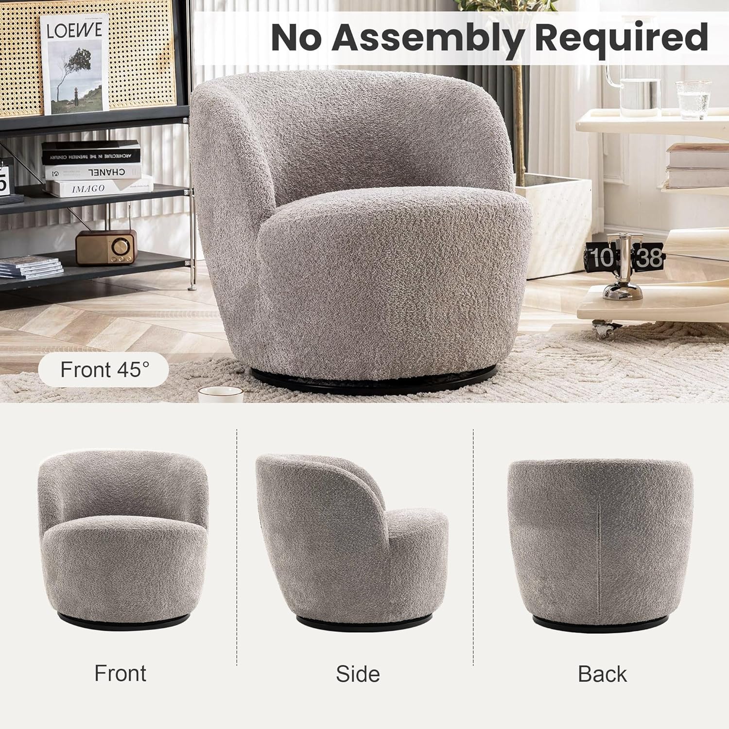 Rowill 30 Inch Swivel Accent Chair, No Assembly Modern Round Barrel Chair, Upholstered Comfy Armchair, Soft Boucle Single Sofa for Living Room, Bedroom, Reading Nook, Office, Gray