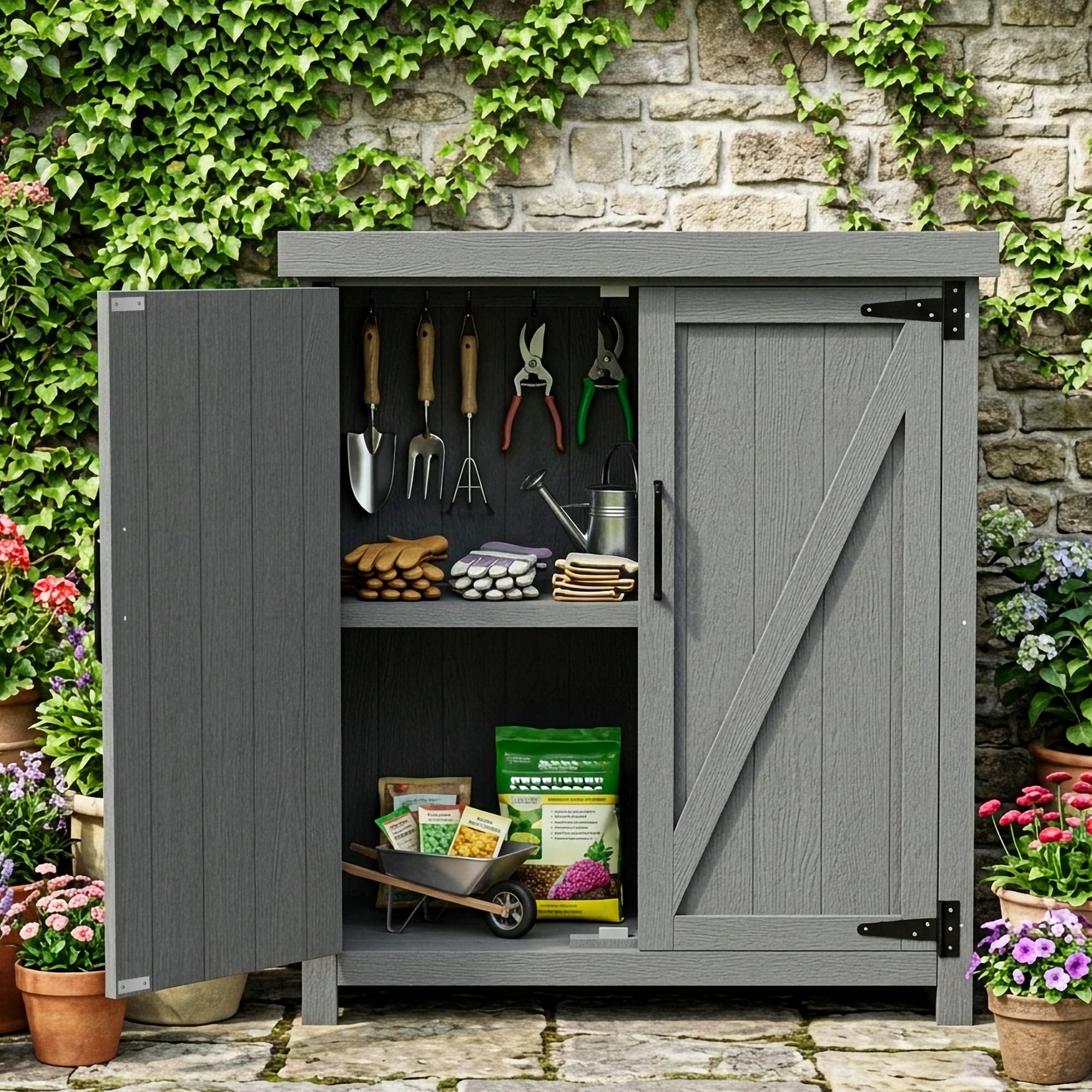 Outdoor Schrank Wetterfest, Gartenschrank, Robuster Aufbewahrungsschrank aus hochwertigem Holz-Kunststoff (HIPS) – Pflegeleicht, UV-beständig & langlebig – Ideal für Garten, Balkon & Terrasse