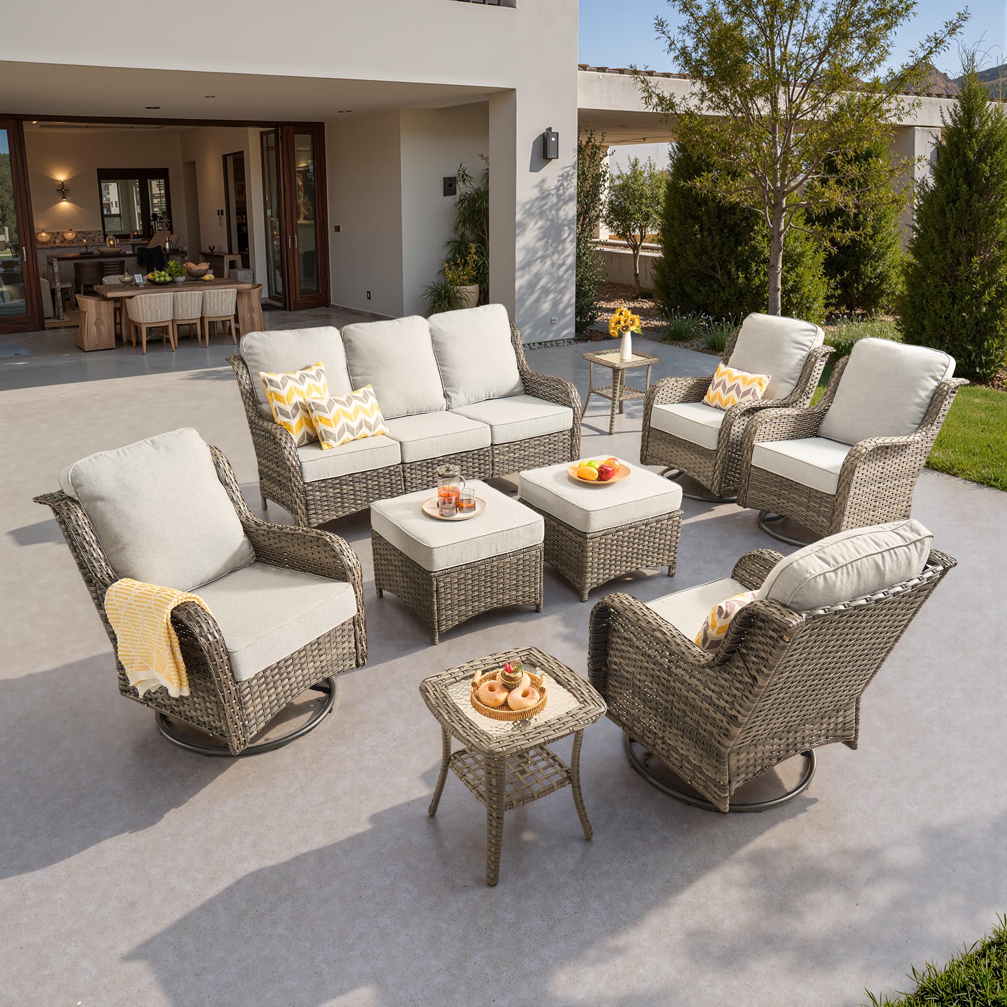 ovios 9 Pieces Patio Furniture Set, Outdoor Wicker Sofa Couch with Swivel Chairs Ottomans Comfy Cushions, High Back Modern All Weather Conversation