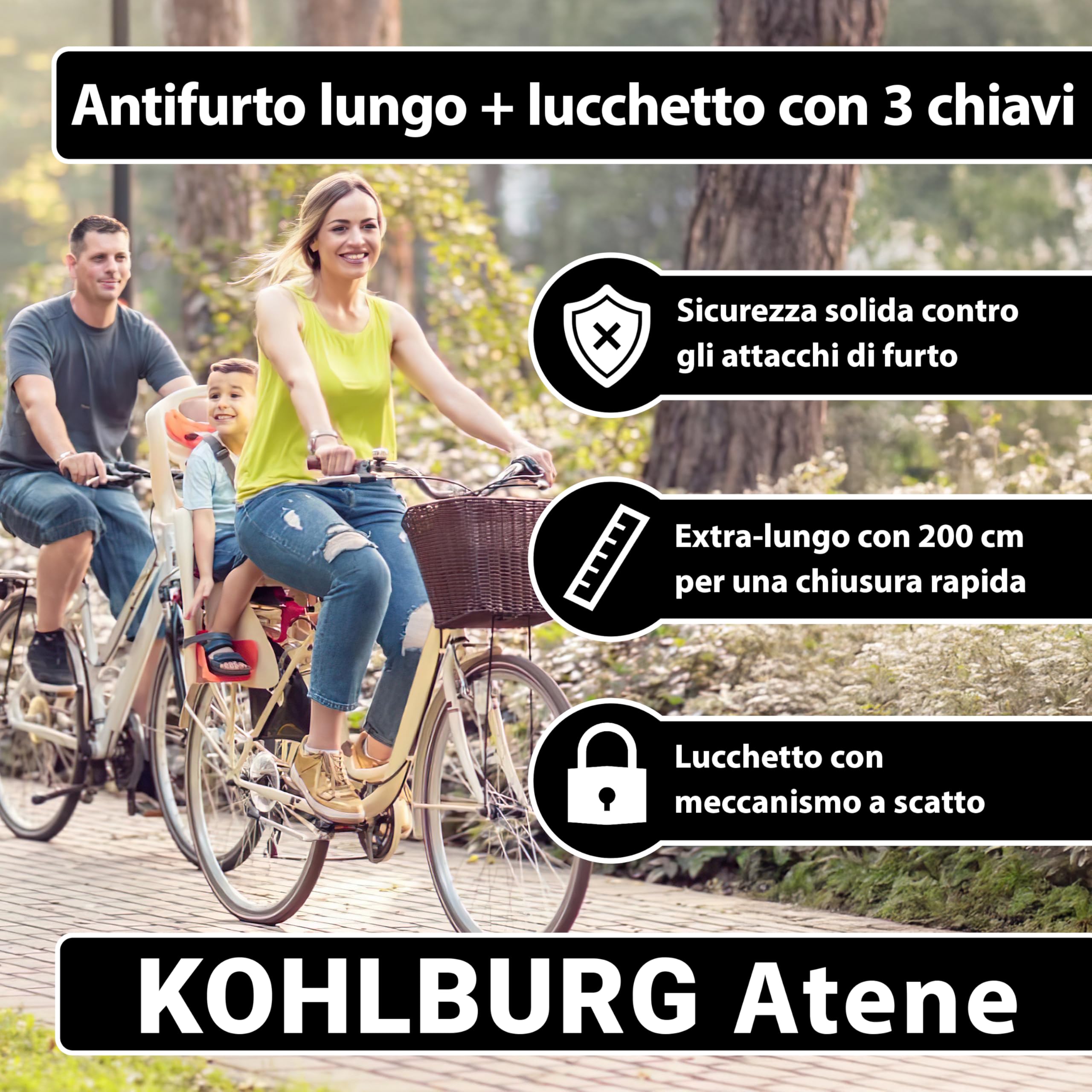 KOHLBURG antifurto bici a cavo acciaio da 2m – lucchetto bici con chiusura a chiave a scatto cavo da 200 cm – per catenaccio bici elettrica, per rimorchio, bicicletta, monopattino e passeggino