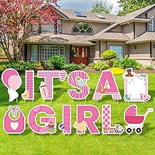Elcoho 12Pcs Its A Girl Yard Sign with Stakes Stork Baby Shower Yard Sign Pink Gender Reveal Lawn Sign Welcome Home Yard Sign for Outdoor Baby Shower Party Decoration