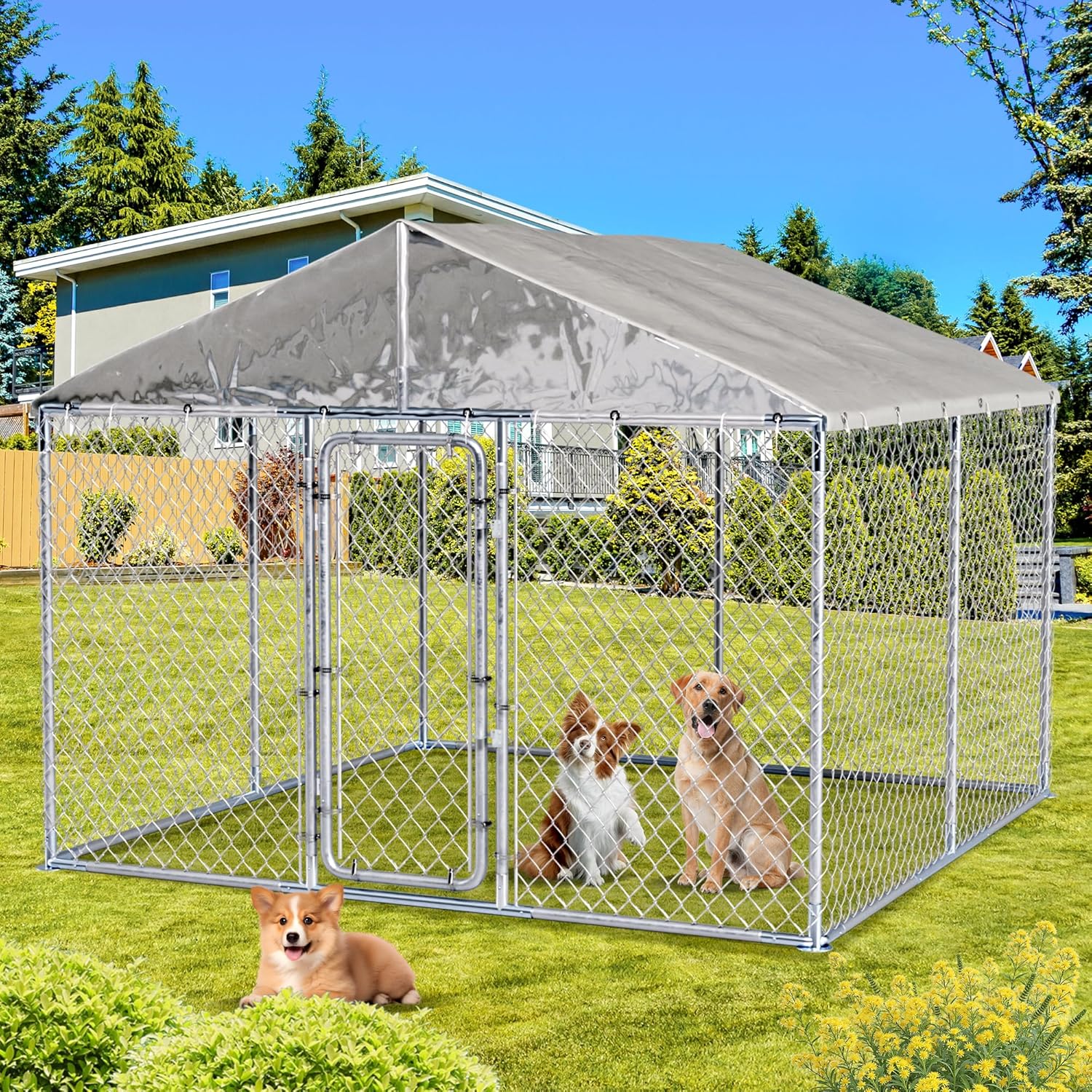 10ft×10ft Outdoor Large Dogs Kennels Enclosure - Outside Dog Cage with Waterproof roof Cover, Galvanized Steel Dogs House Fence Playpen with Lockable Door for Patio Backyard Farm Gardens
